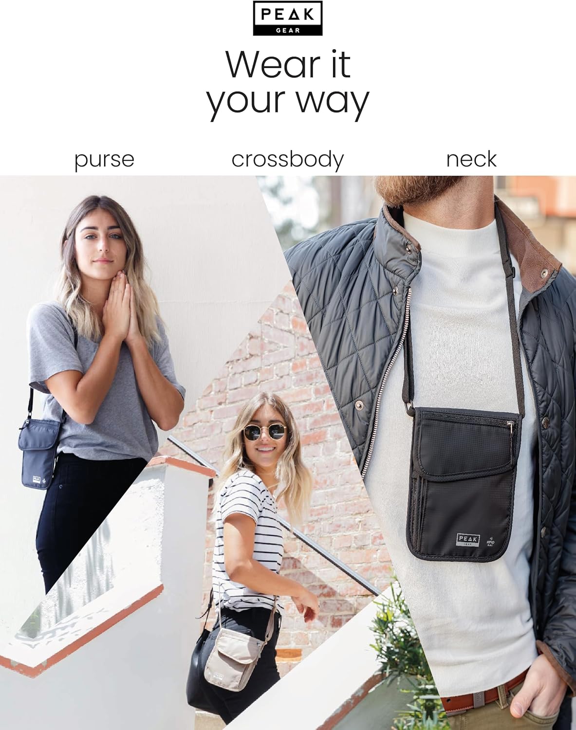 Peak Gear RFID Neck Wallet - The Original Travel Pouch with Adjustable Crossbody Strap + Theft Protection and Lost & Found Service | Beige