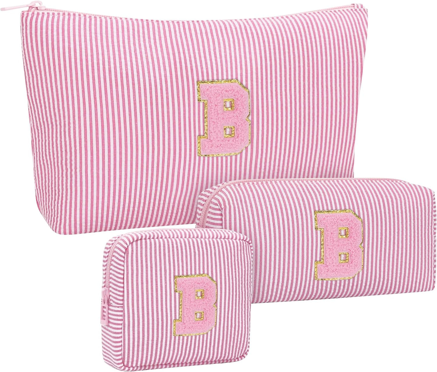 MONSTINA Personalized Initial Makeup Bagfor Women,Make Up Case for Girlfriend Bridesmaid Wife,Birthday Gift for Her Cute Toiletry Bag,3PCS,Pink B