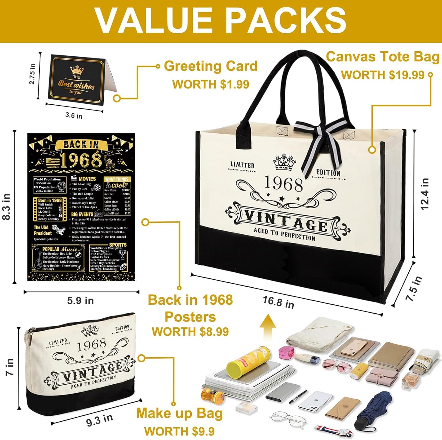 YeohJoy 57th Birthday Gifts for Her Canvas Tote Bag Travel Gear, Unique 57 Years Old Birthday Gifts for Girlfriend Sister Friends Women,Vintage 1968 Handbag & Cosmetic Bag & Back in 1968 Poster