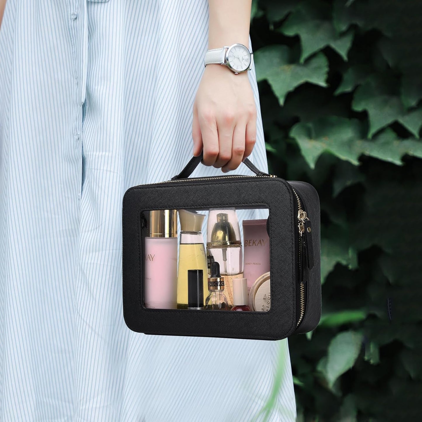 Travel Makeup Bag with Brush Case Portable Transparent Cosmetic Bag and Toiletry Bag Waterproof Makeup Organizer with Zipper Car Essential for Women (Black, L+Slim)