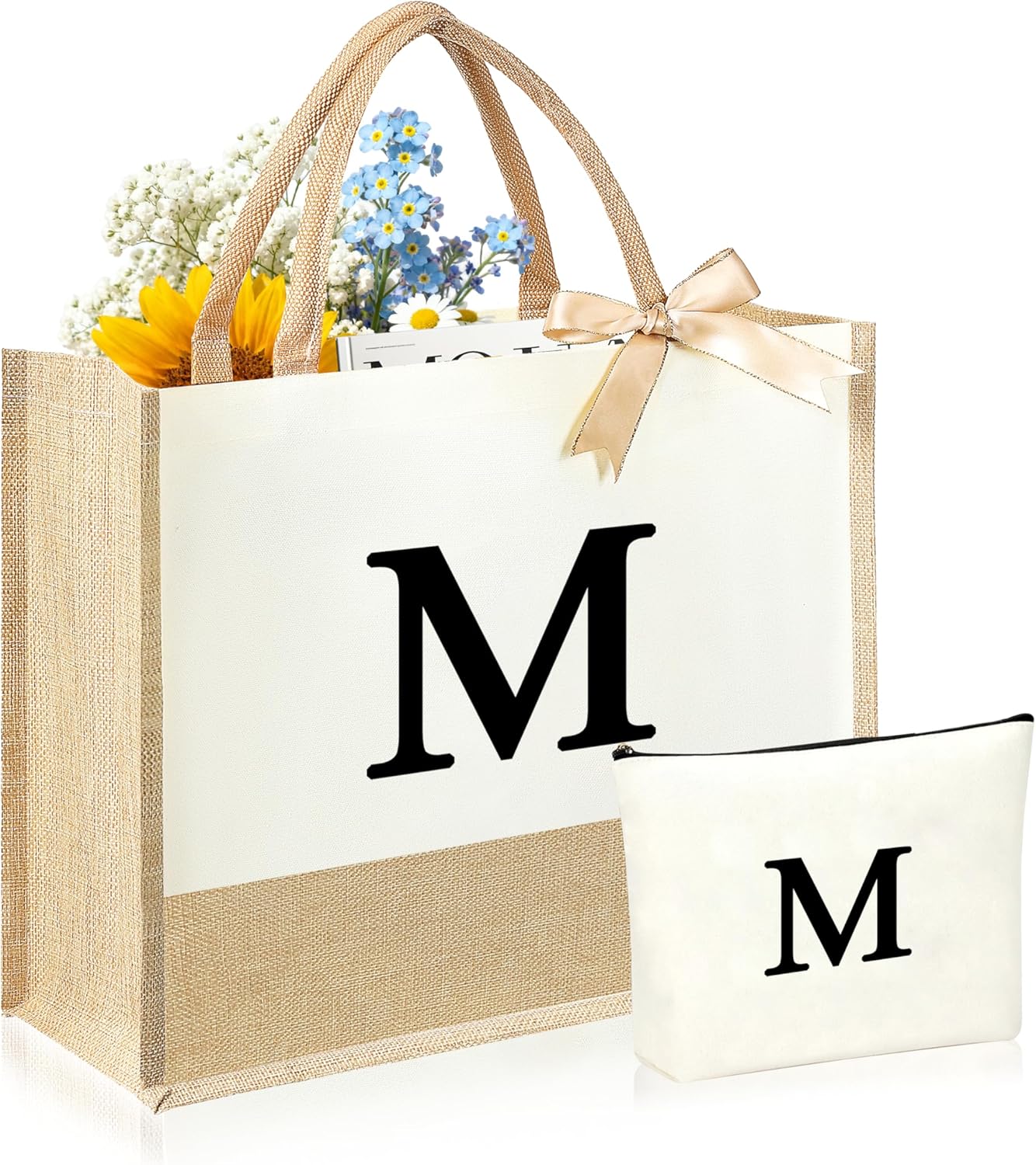 Initial Canvas Tote Bag & Makeup Bag for Women Teacher Bridesmaids，Personalized Present for Wedding, Birthday, Beach