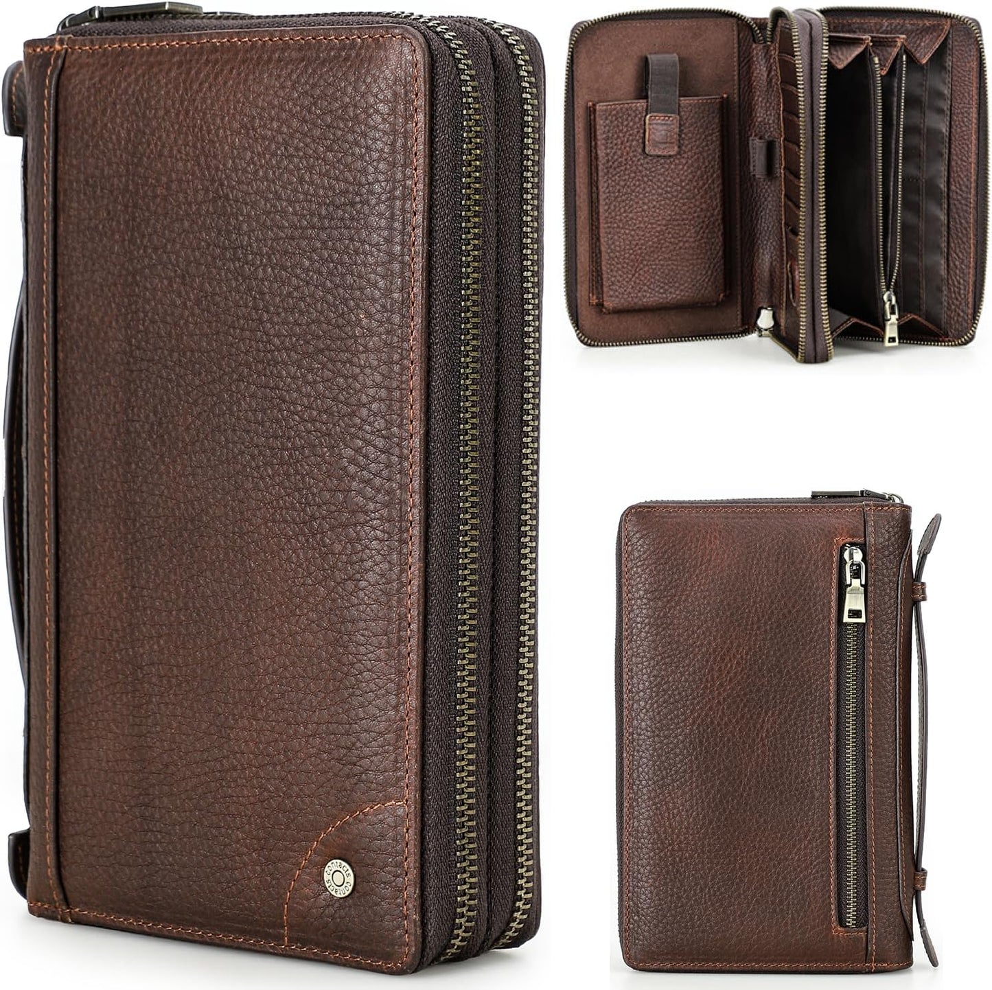 Top Grain Genuine Leather Zipper Clutch Wallet for Man & Woman, Handmade Vintage Design, Multi Slots & Side Pocket & Strap, RFID Large Capacity for Cards/Checks/Passports/Phone/Pen/AirTag, Red Coffee