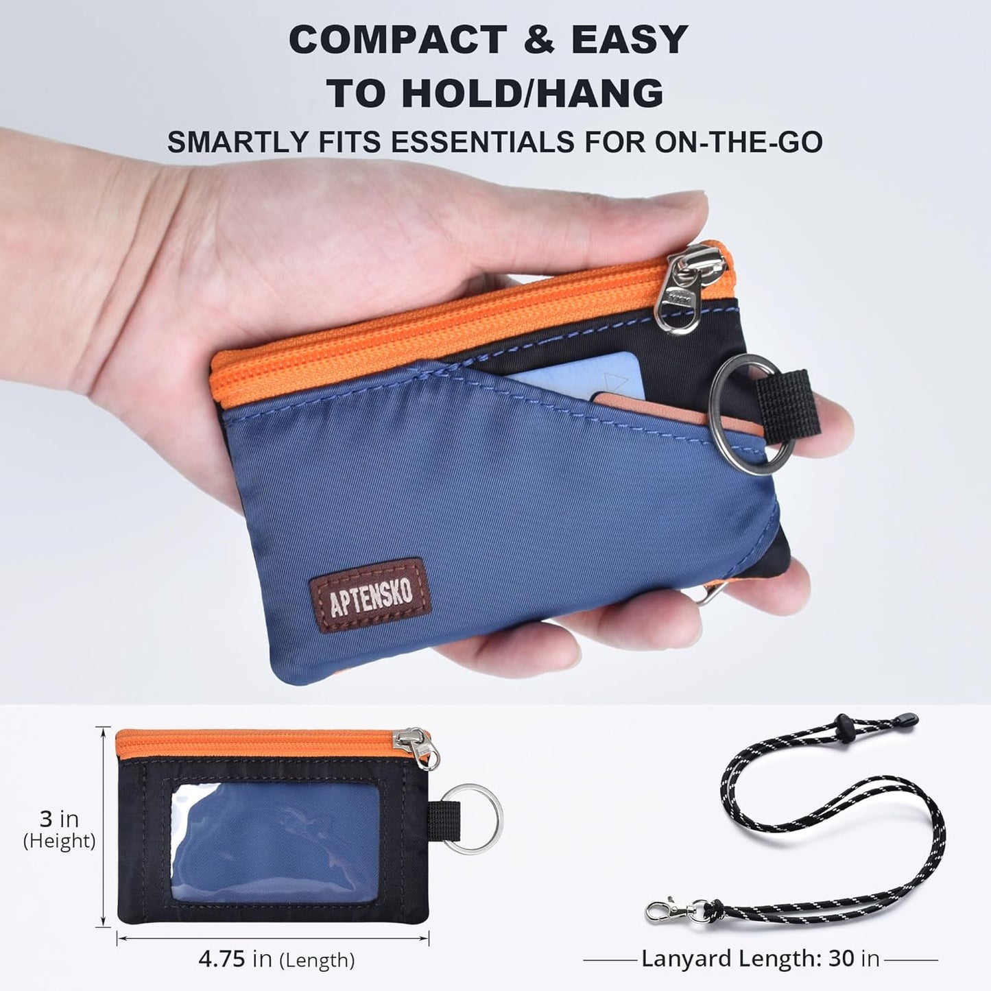 RFID Travel Wallet with Adjustable Lanyard-Zipper Small Wallet with ID Card Holder, Keychain for women&men-Minimalist Slim Waterproof Nylon case for ID, Cash, Key (Navy+Black)