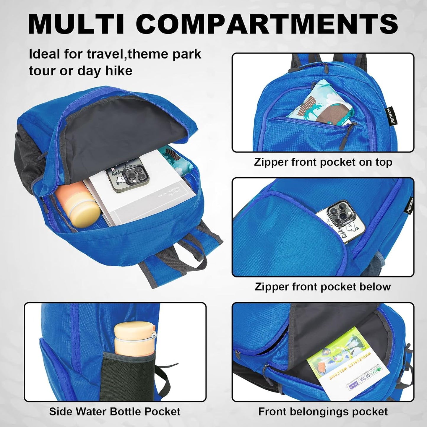 HOLYLUCK 20L lightweight packable Hiking Daypack Foldable Backpack for Men Women Small Travel Outdoor Foldable Shoulder Bag-dark blue