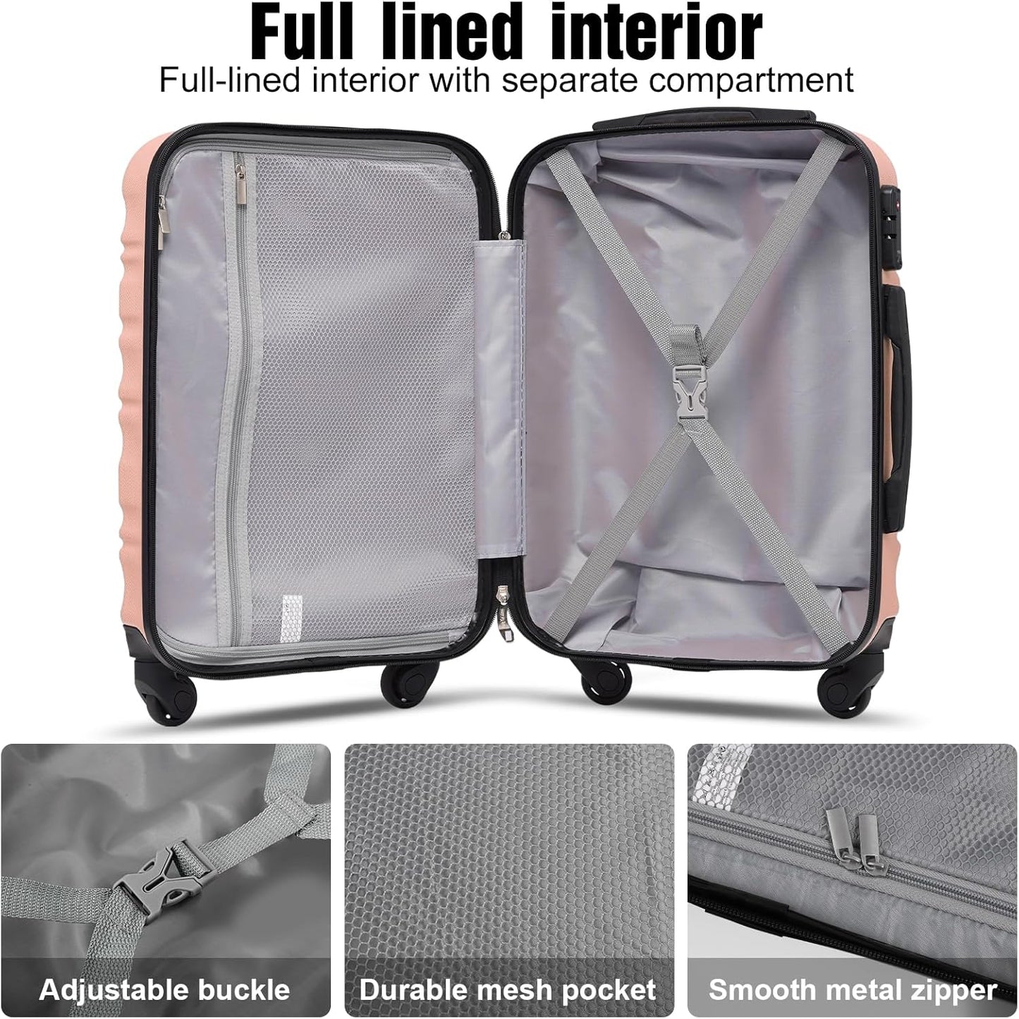 LONG VACATION Carry On Luggage Sets 3 Piece 20 Inch Suitcase Set, ABS+PC Hardshell Lightweight Travel Luggage with Spinner Wheels & YKK Zipper TSA Lock (PINK, 20 Inch)