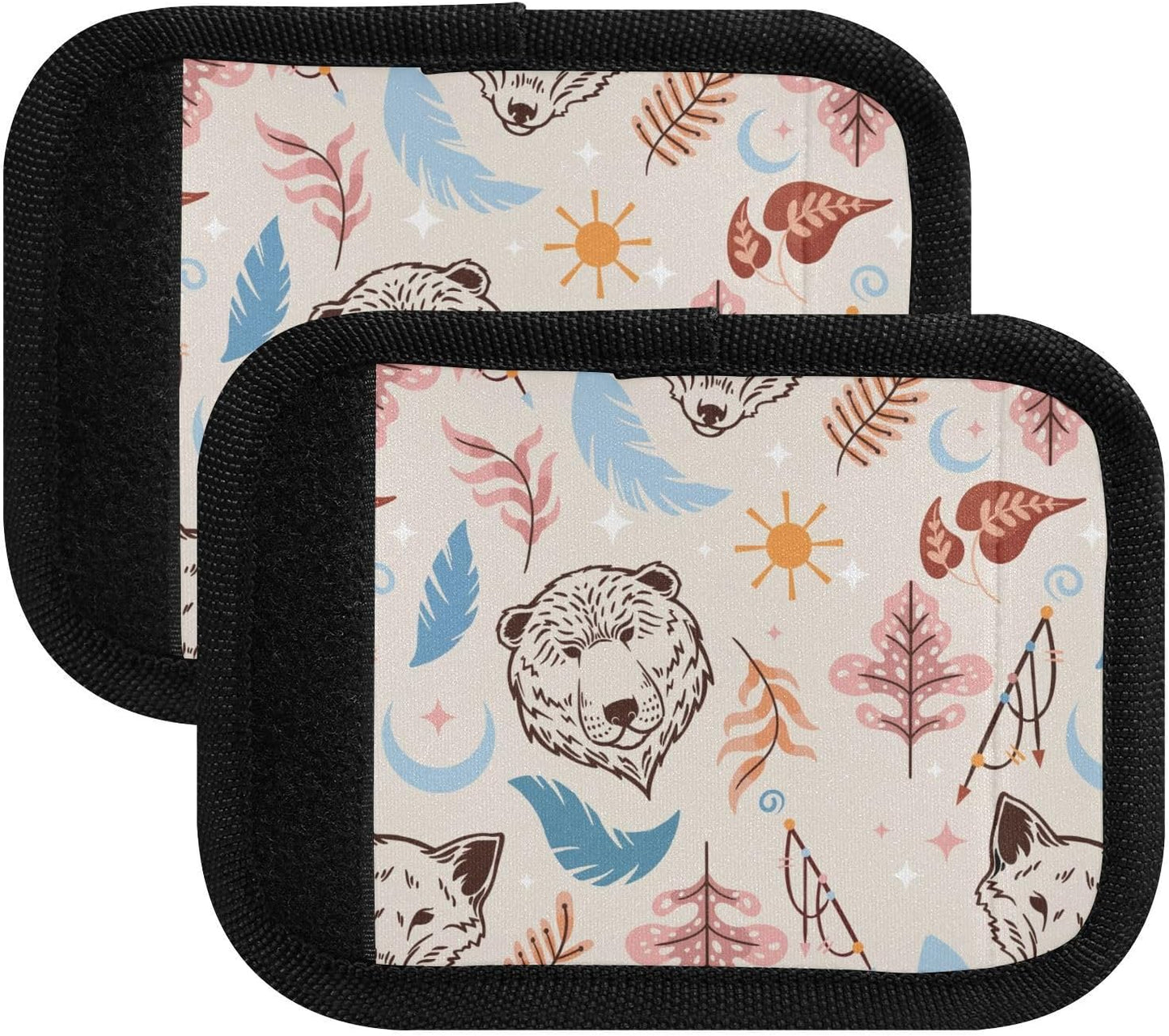 Boho Wolf Head Feather Leaves 4 Pack Luggage Handle Wraps Covers for Suitcase Identifiers Bag Tags Travel Accessories