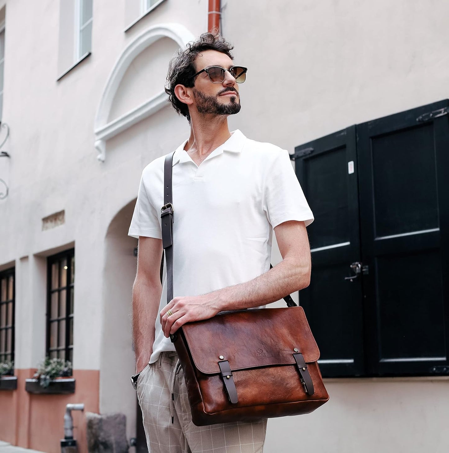 Time Resistance Leather Briefcase Messenger Bag for Laptop Full Grain Leather Shoulder Bag for Men and Women