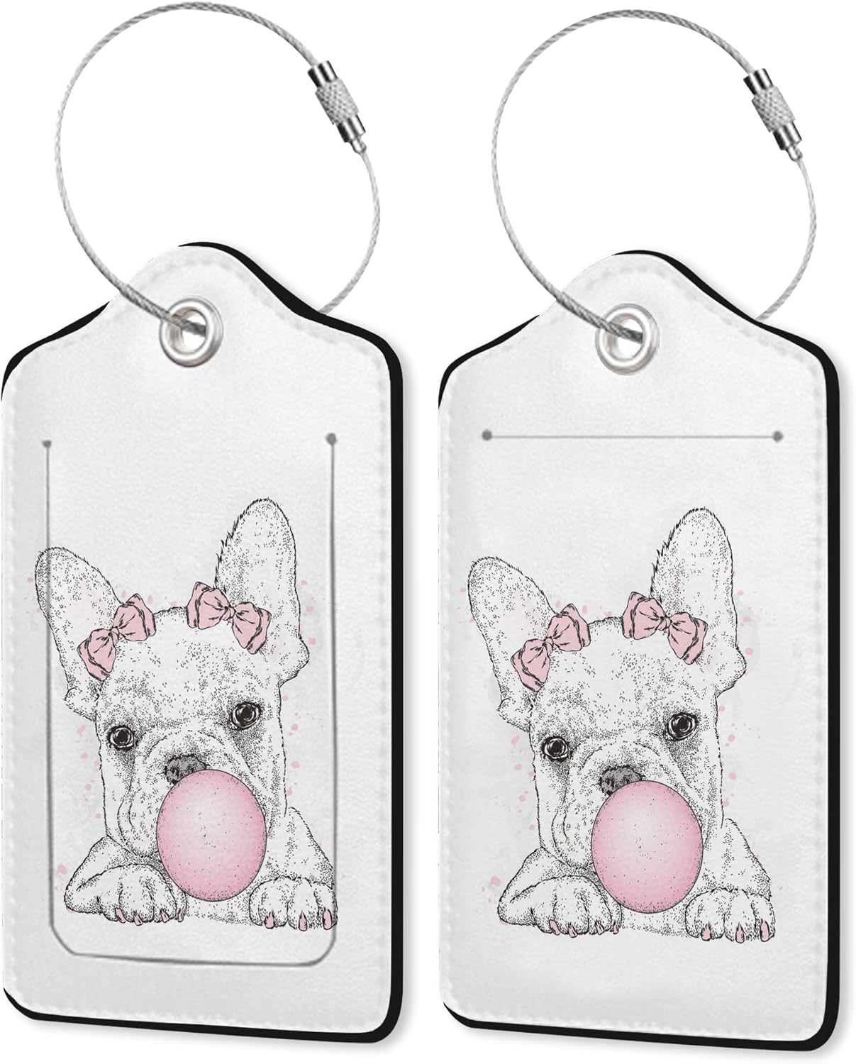 2 Pack Leather Luggage Tag for Suitcase French Bulldog Cute Dog Unique Travel Tags with Privacy Cover ID Label & Stainless Steel Loop for Men and Women Baggage