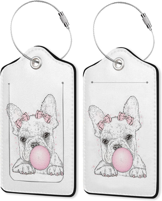 2 Pack Leather Luggage Tag for Suitcase French Bulldog Cute Dog Unique Travel Tags with Privacy Cover ID Label & Stainless Steel Loop for Men and Women Baggage