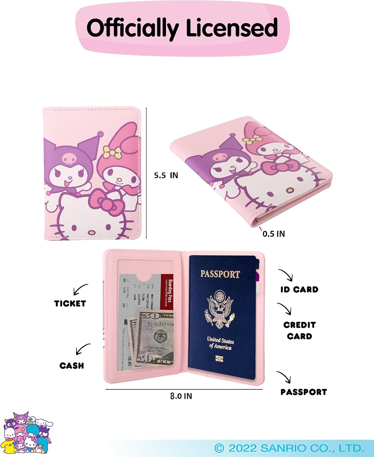 Hello Kitty and Friends Pink Passport Holder for Travel Official License, Sanrio Passport Cover for Women
