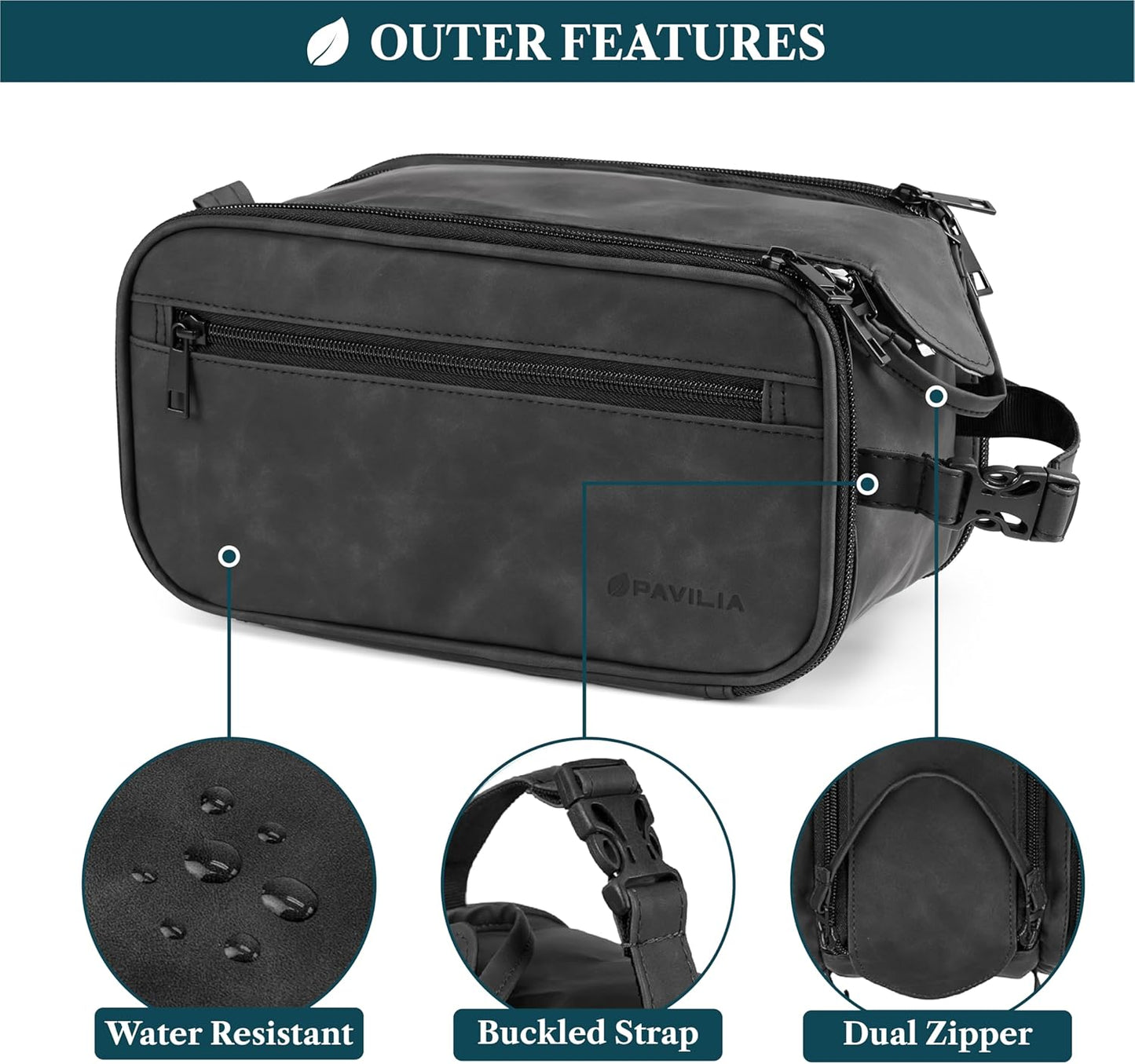 PAVILIA Toiletry Bag for Men Women, Mens Travel Bag Toiletries Organizer Case for Grooming, Travel Essentials Shaving Dopp Kit, PU Leather Water Resistant Cosmetic Pouch, Black