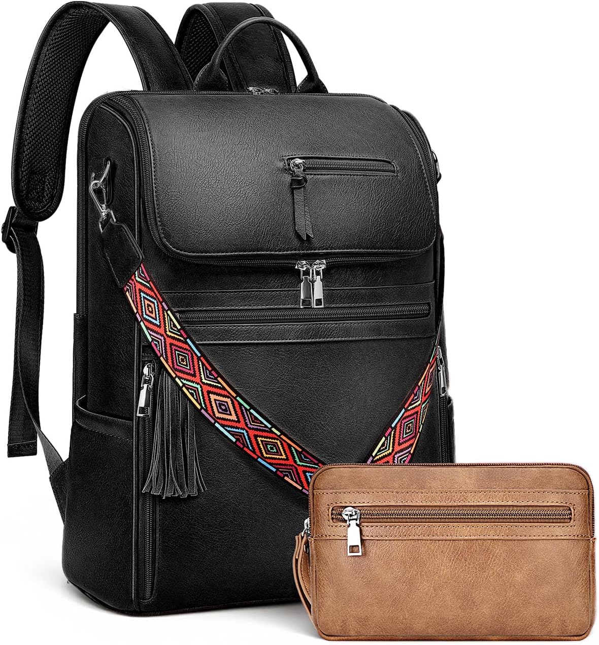 Leather Laptop Backpack for Women Designer Laptop Bag, 16.5 inch Travel Computer Backpacks Purse with Tassel for Work Business with Satchel Purse Black