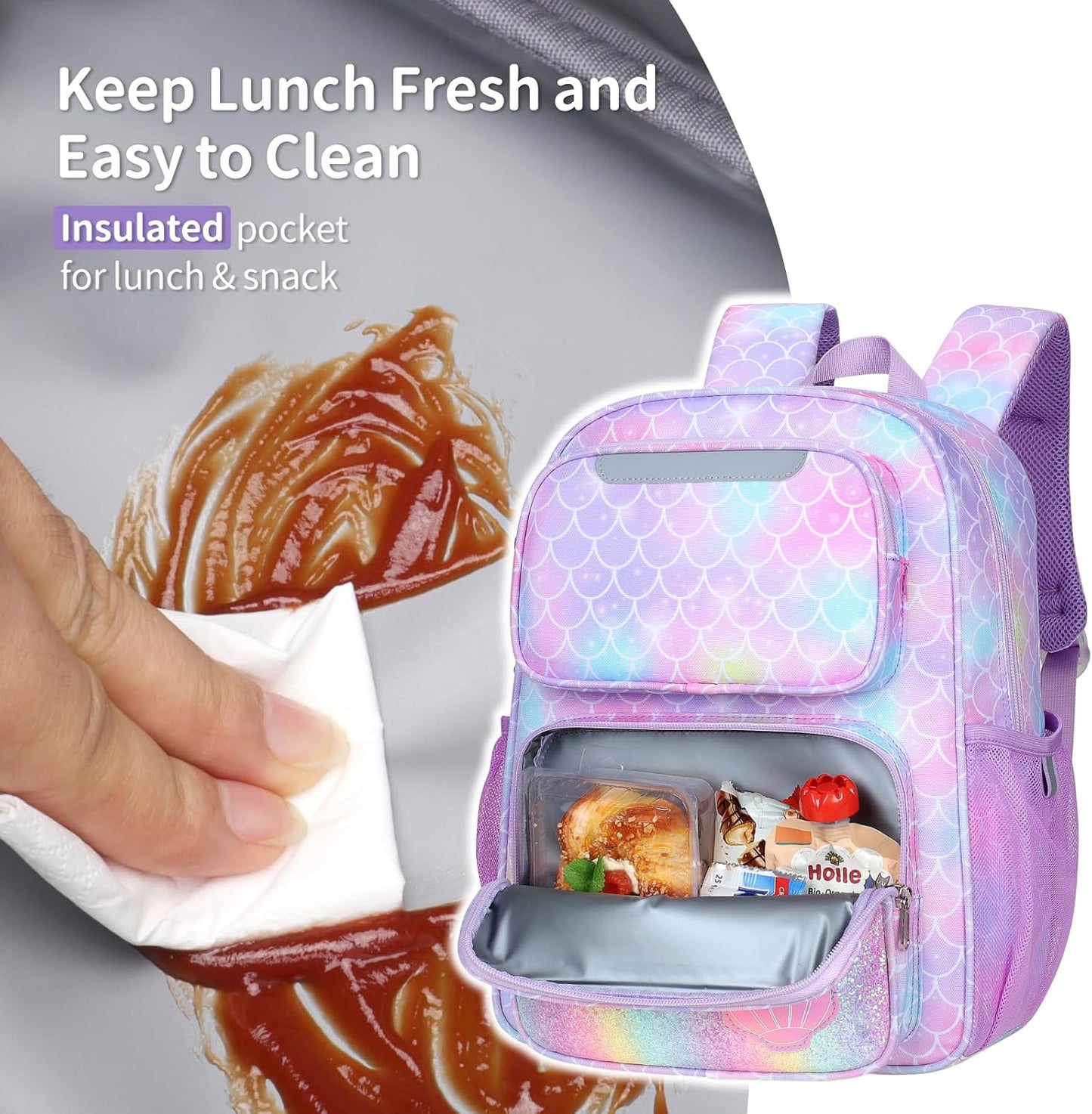 2pcs Kids Backpack for Girls - 15 Inch Backpack for Kids 3 to 8, Lightweight Bookbag for Preschool Kindergarten Elementary School, Insulated Pocket, Pink Unicorn & Purple Mermaid