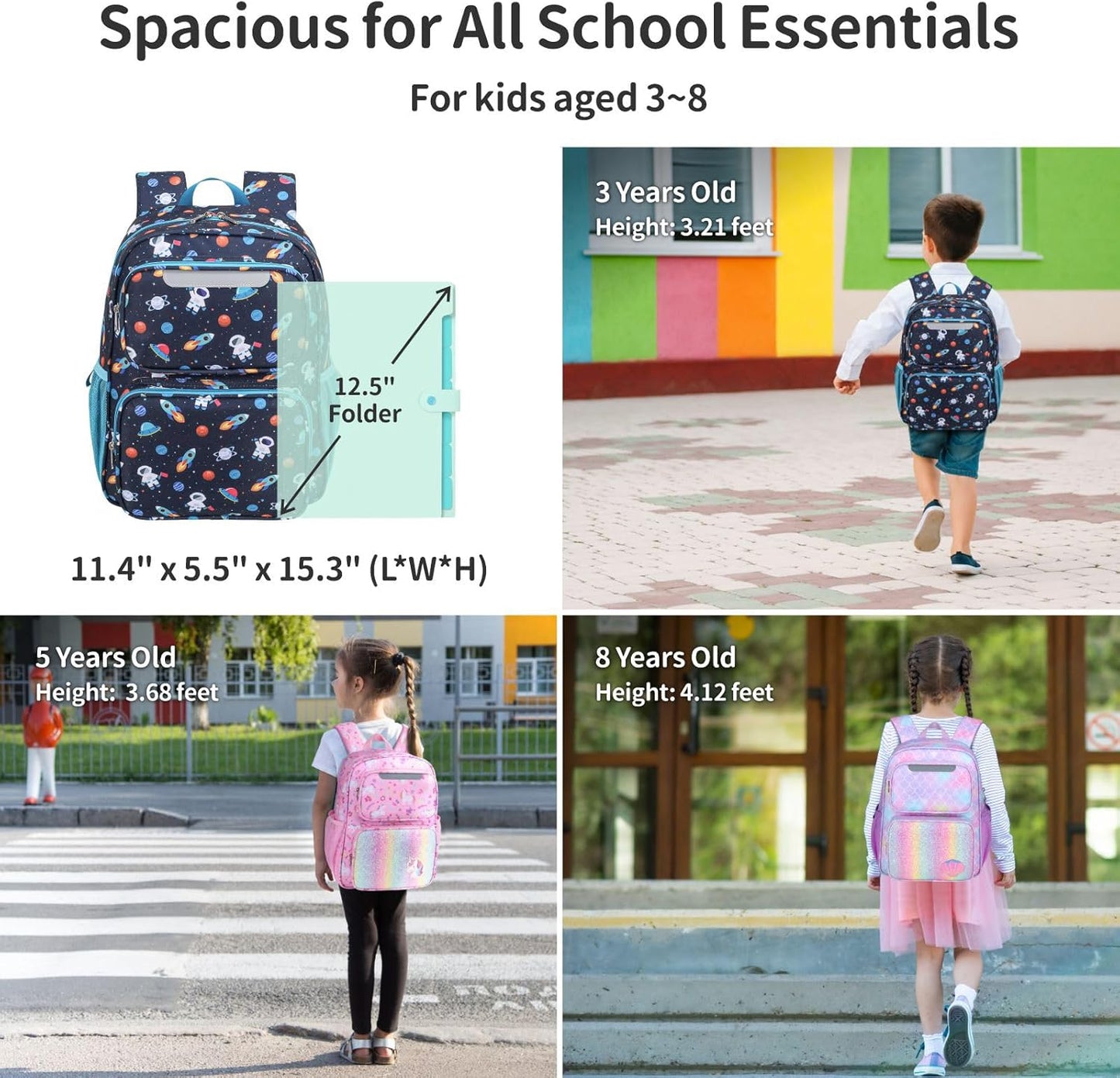 Kids Backpack with Lunch Box - 15 Inch Backpack for Boys 3 to 8, Lightweight Bookbag for Preschool Kindergarten Elementary School, Insulated Pocket, Safe Reflective Stripe, Navy Space