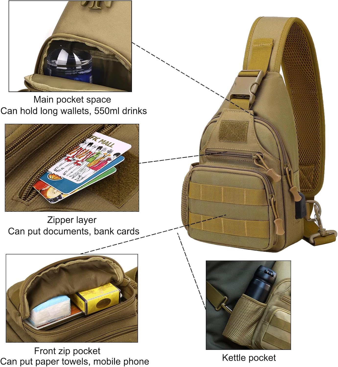 ZHIERNA Tactical Sling Crossbody Backpack with Water Bottle Holder, MOLLE EDC Shoulder Sling Chest
