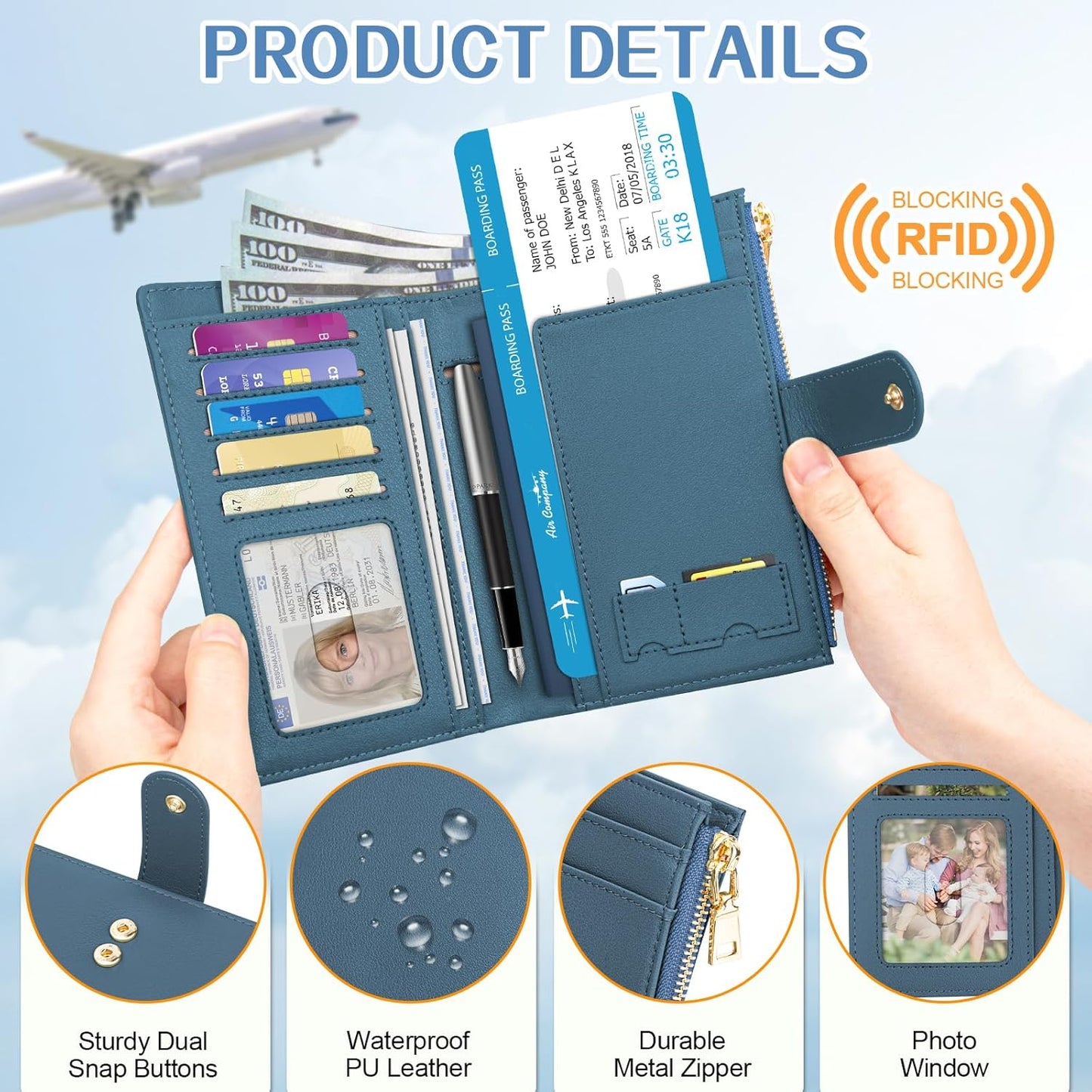 Passport Holder for Travel Women, RFID Blocking Passport Wallet with Airtag Slot, PU Leather Passport Cover Travel Wallet with Zippered Coins Pocket for Travel Essentials