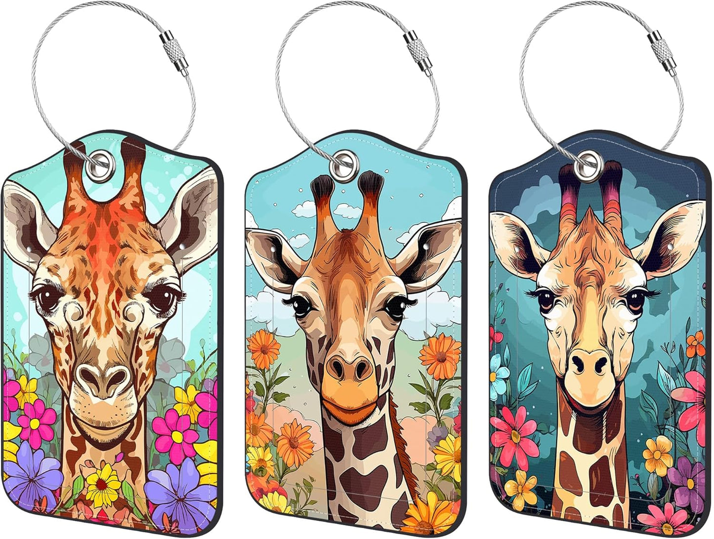 3 Pack PU Luggage Tags for Suitcase, Cute Giraffe Suitcase Tag Leather Privacy Cover ID Label with Stainless Steel Loop for Baggage Handbag School Bag Backpack