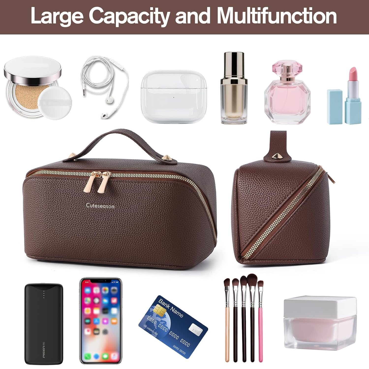 Makeup Bag, Travel Toiletry Bag for Women, Large Capacity Waterproof PU Leather Cosmetic Bags Make