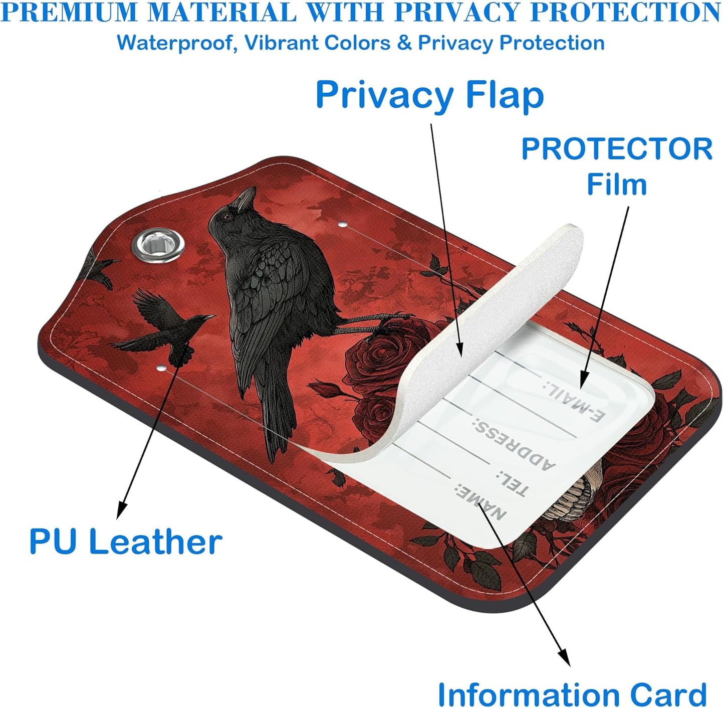 2 Pack Raven on Rose Skull Luggage Tags PU Leather Suitcase Tags with Stainless Steel Loop Privacy Cover ID Label for Women Men Travel Bag Accessories