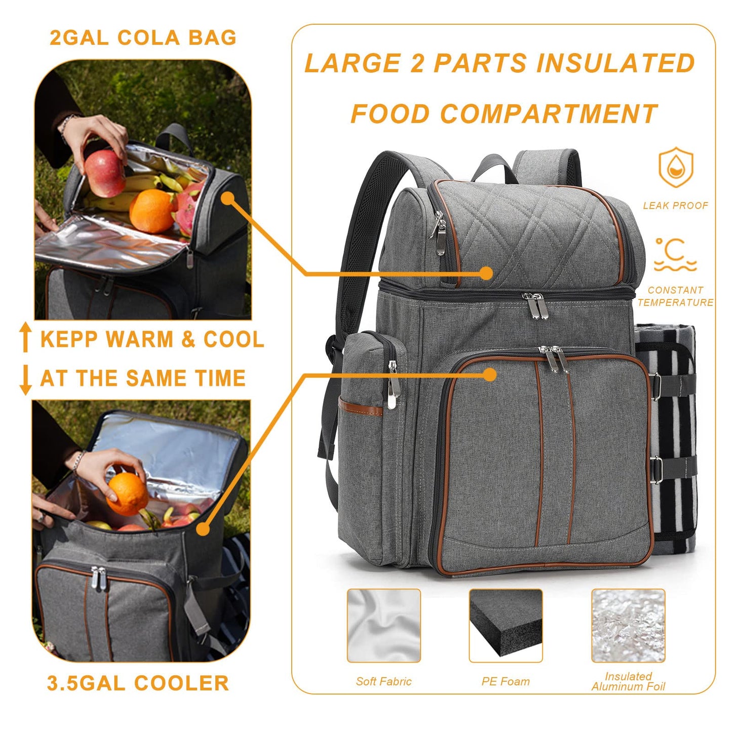 Picnic Backpack for 4, Insulated Cooler Bag with Blanket, Grey