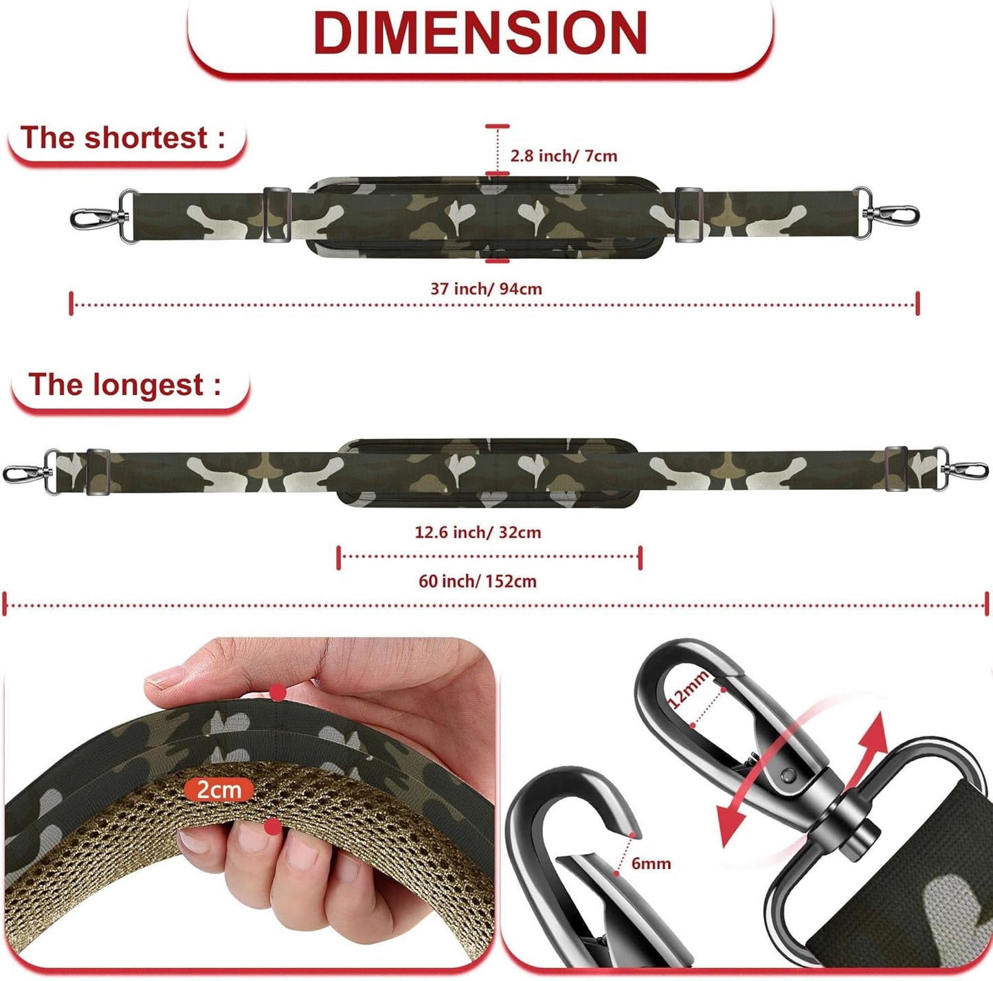ZINZ 60" Universal Bag Strap with Ultra-Thick Fixed Breathable Pad Adjustable Heavy-Duty Shoulder Strap for Laptop Bag Crossbody Luggage Gym Bag Camera Bag and More,Camouflage Green