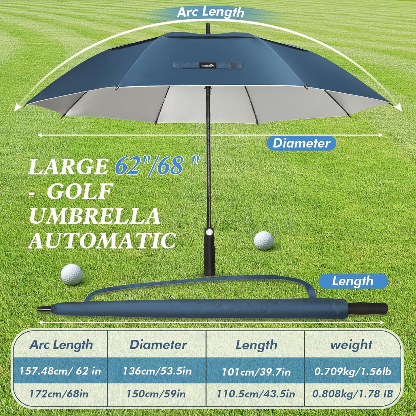 ZOMAKE 62/68" Windproof Golf Umbrella UV Protection, Automatic Oversize Golf Umbrellas Double Canopy Vented Sun Blocking Push Cart for Rain Sun