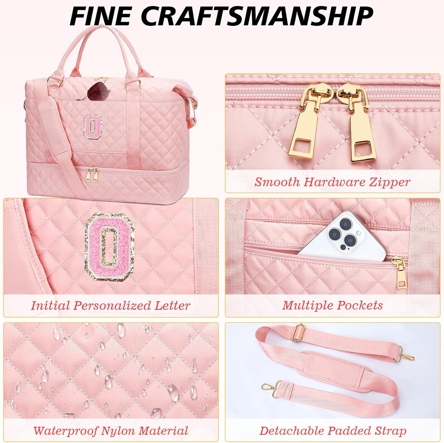 Gifts for Friend Women Girls Birthday Christmas Initial Travel Duffle Bag Quilted Weekender Bags Carry-On Overnight with Cosmetic Bag, Gym Bag with Shoe Compartment, Pink-O