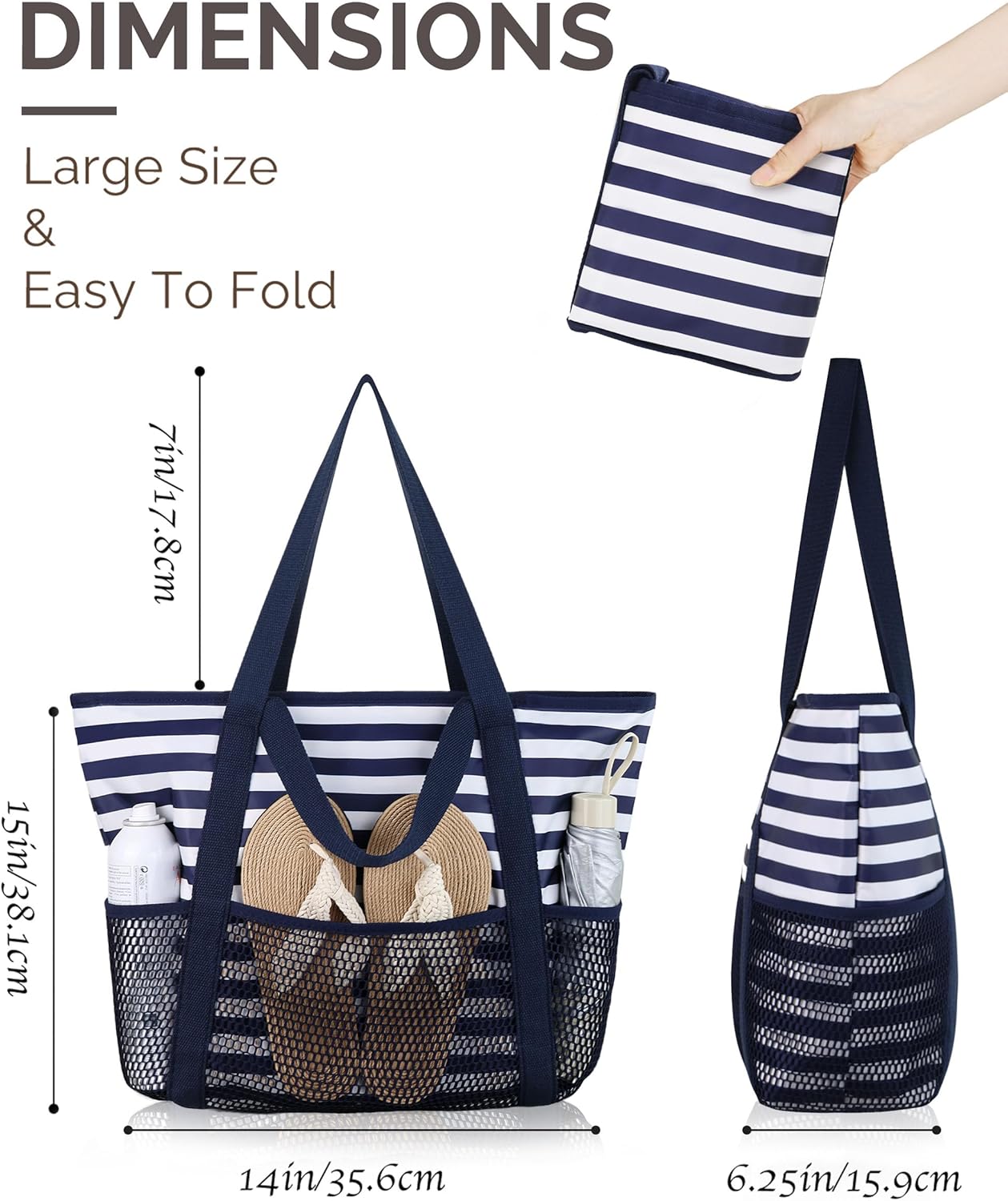 HOMESPON Beach Bag Large Waterproof Sandproof Foldable Tote for Women with Zipper Mesh Pockets for Pool Swim Travel Everyday