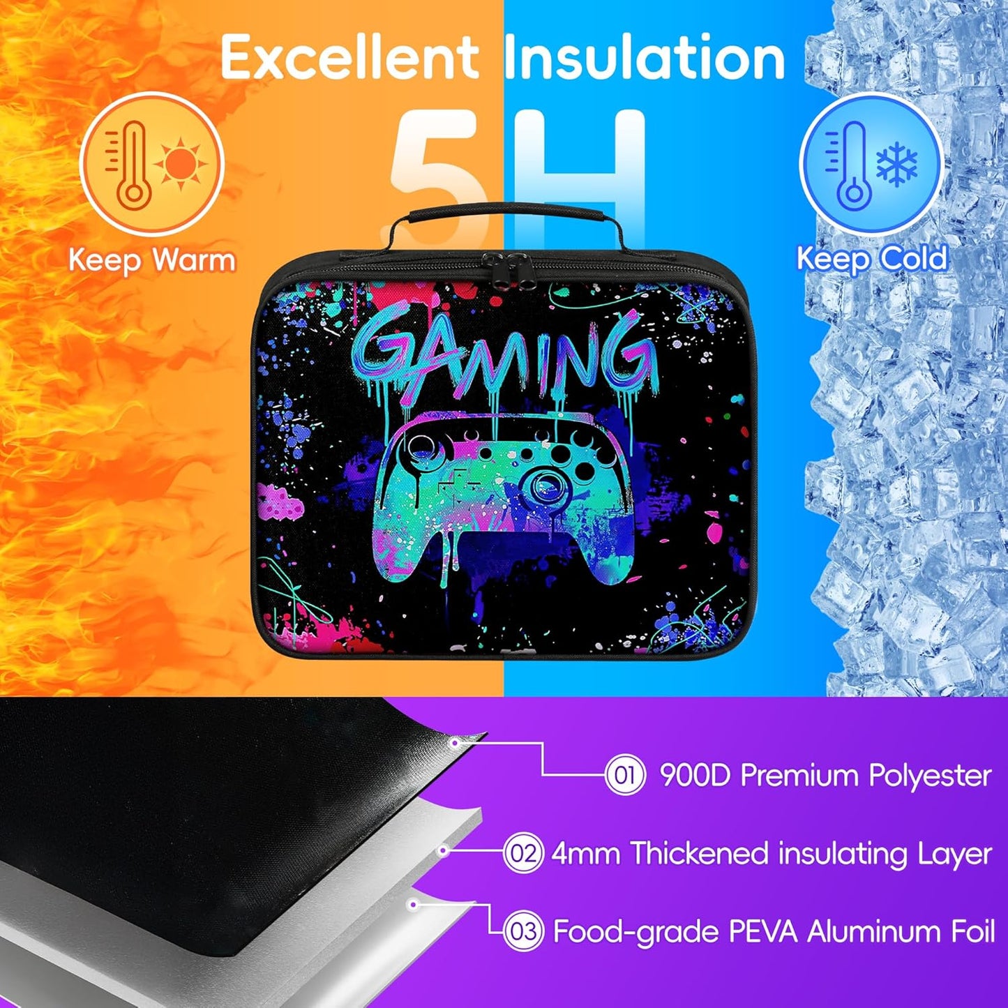 Gamer Lunch Box for Boys, Insulated Reusable Video Game Lunch Bag Portable Waterproof Leakproof Gaming Lunch Tote Bag Game boy Lunch Box for School Picnic Travel Back to School Gifts