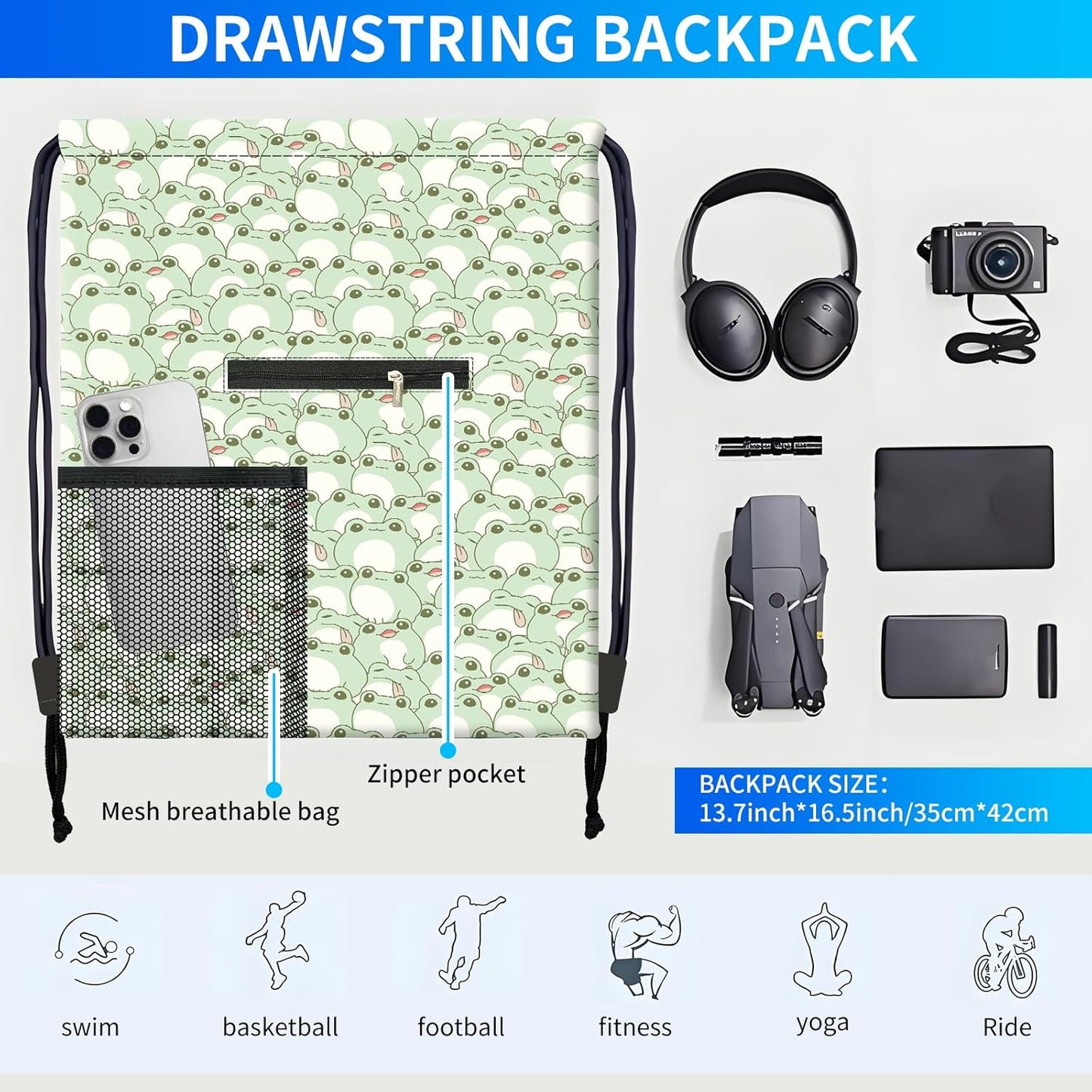 Drawstring Backpack Sports Gym Bag, Large String Swim Bag for Beach With Water Bottle Mesh Pocket