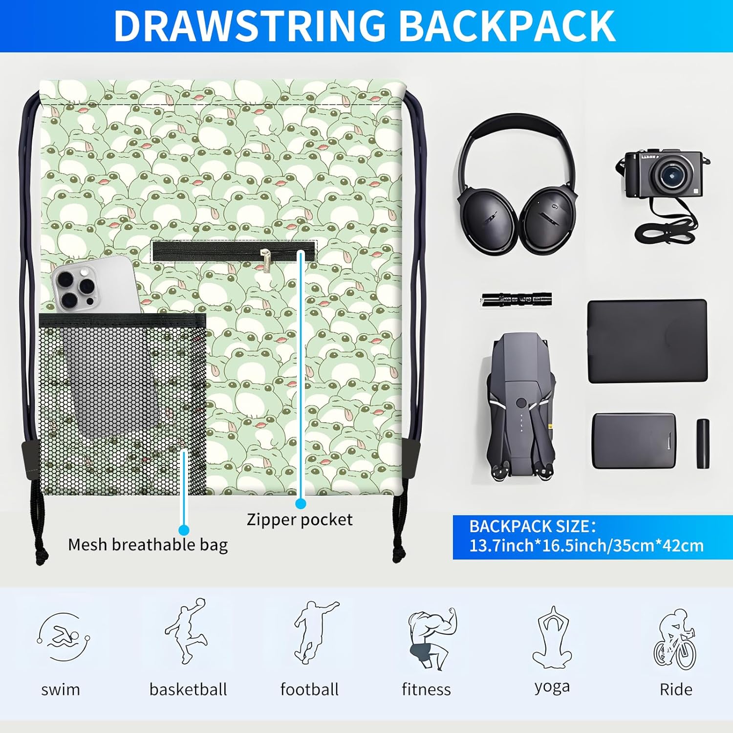 Drawstring Backpack Sports Gym Bag, Large String Swim Bag for Beach With Water Bottle Mesh Pocket