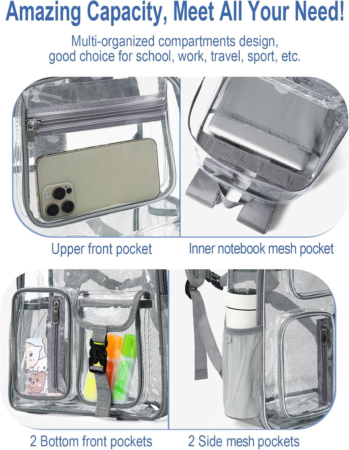 Heavy Duty Clear Backpack For School, 17 Inch Clear Bookbag For Kids Boys Girls Women Men, Large See Through Backpack With An Extra Pouch Accessories, Multi-Pockets Tranparent Bag, Work, Grey