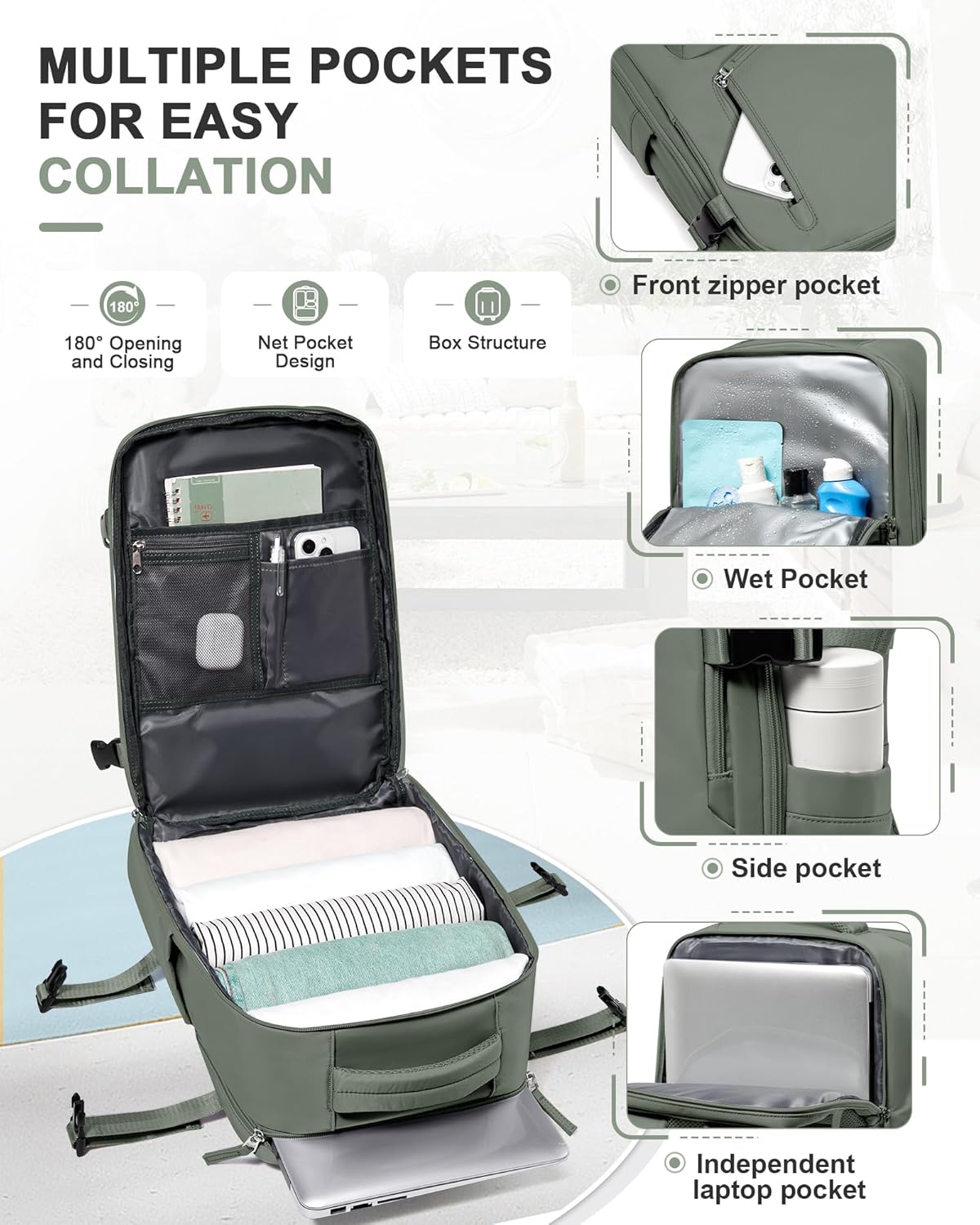 VGCUB Travel Backpack for Women Men for Spirit Airlines Personal Item Bag 18x14x8 Inches Laptop College Waterproof Carry on Flight Approved Work Backpack Mochila de Viaje,Army green