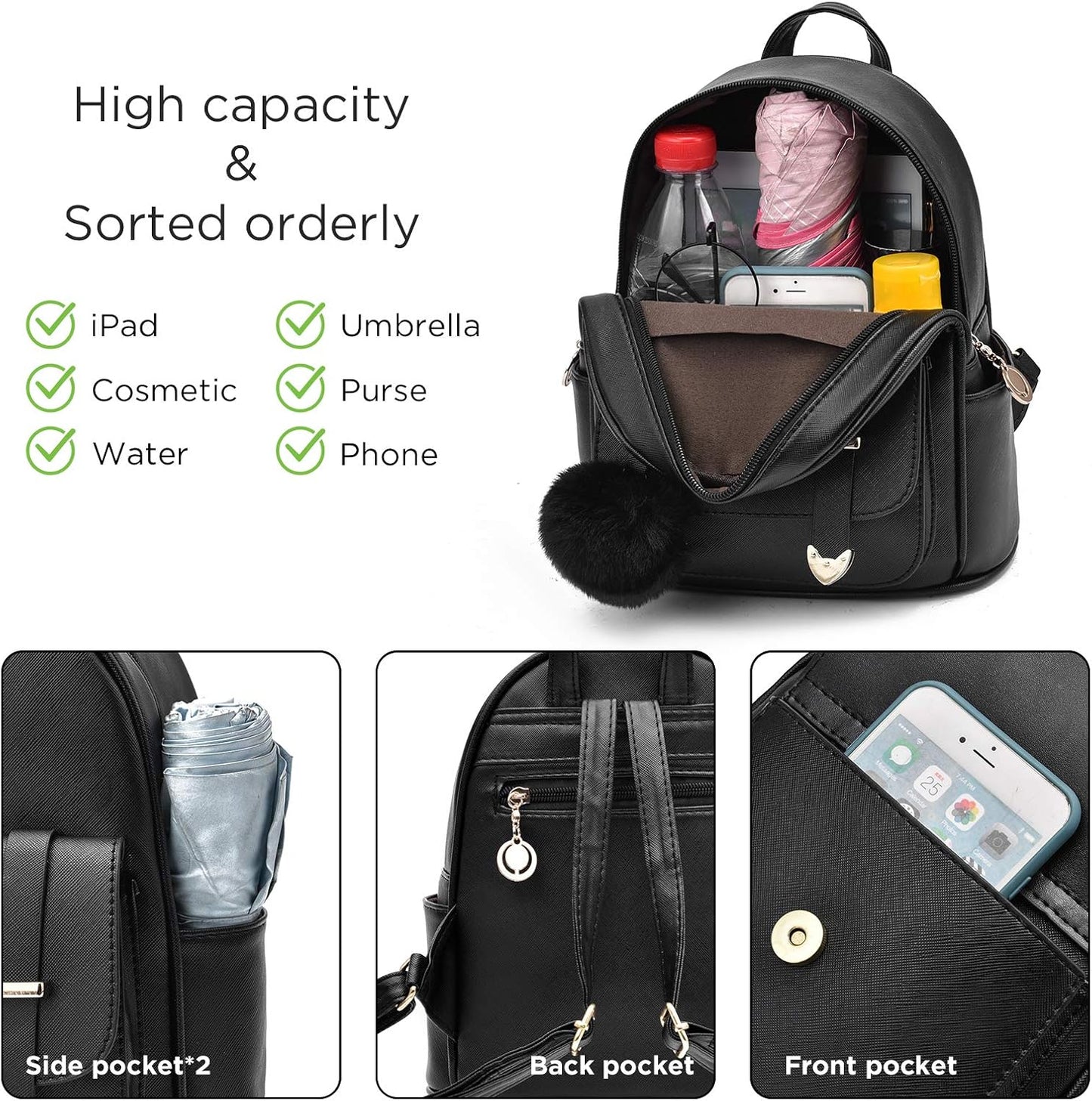 I IHAYNER Girls Fashion Backpack Mini Backpack Purse for Women Teenage Girls Purses PU Leather Pompom Backpack Shoulder Bag