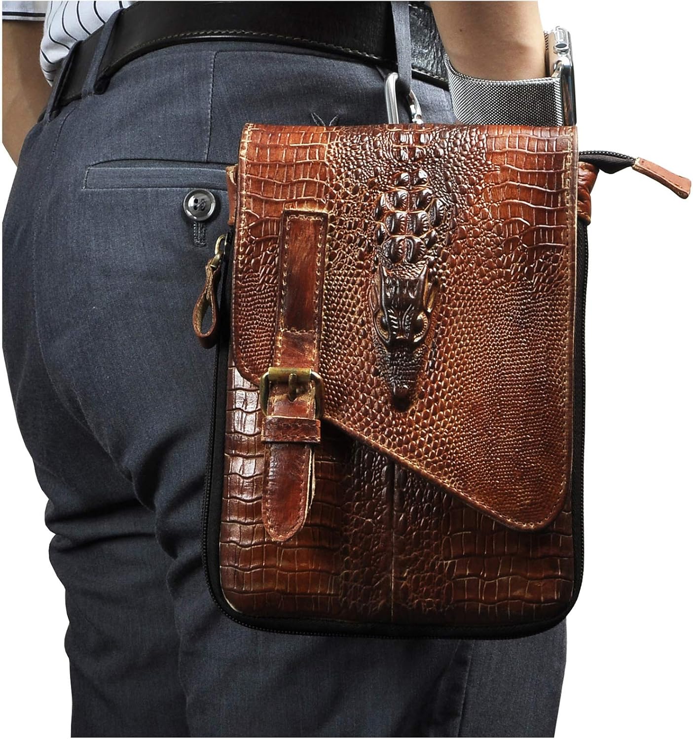 Genuine Leather Small Messenger Bag for Men, Shoulder Satchel with Phone Pouch & Waist Fanny Pack Strap