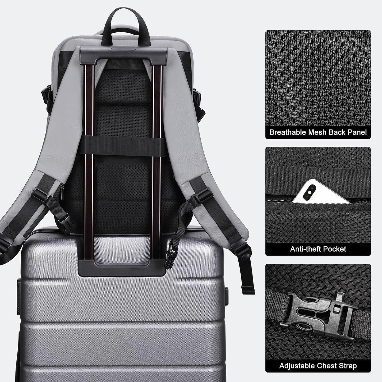 HOMIEE Carry on Backpack Extra Large Travel Bag, Expandable Hand Luggage Suitcase Anti-Theft Business Backpack, Water Resistant Lightweight Weekender Bag, Light Grey