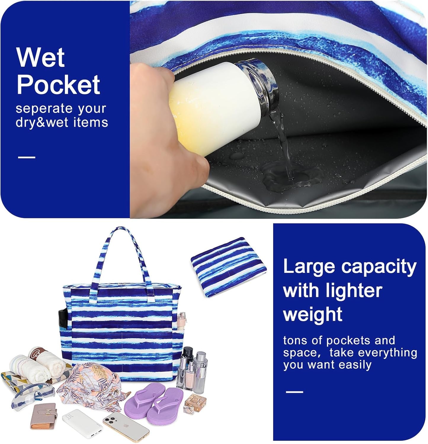 Bluboon Waterproof Beach Tote Pool Bags for Women Ladies Extra Large Carry On Bag With Wet Compartment for Weekender Travel