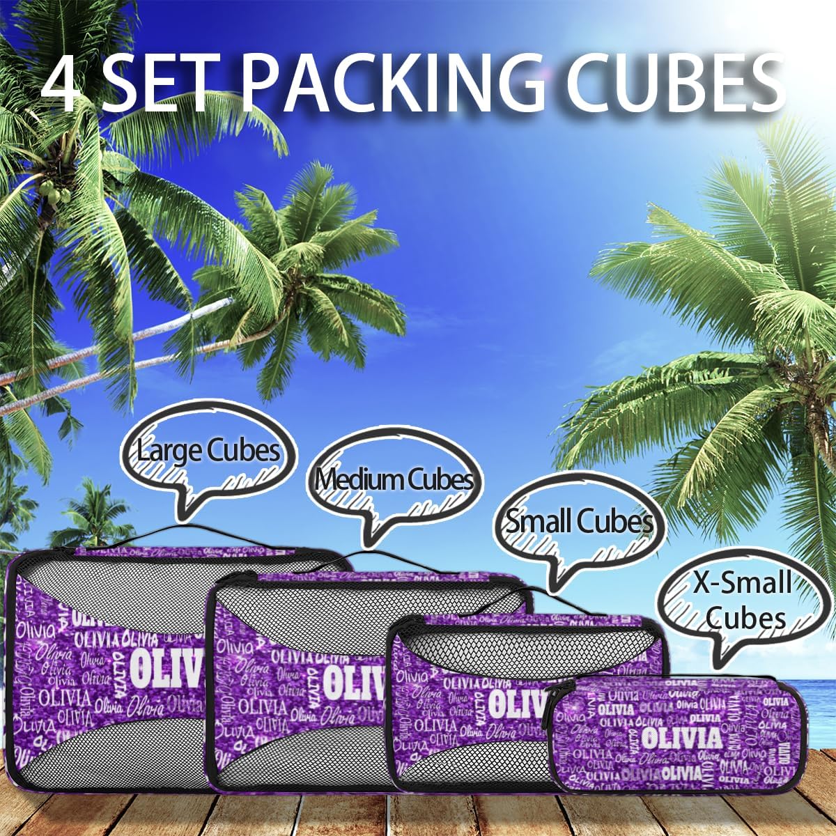 Custom 4 Packing Cubes Set, Lightweight Mesh Travel Luggage Organizers for Travel, 4 Pieces Suitcase Storage Bags, Purple Sequins with Names