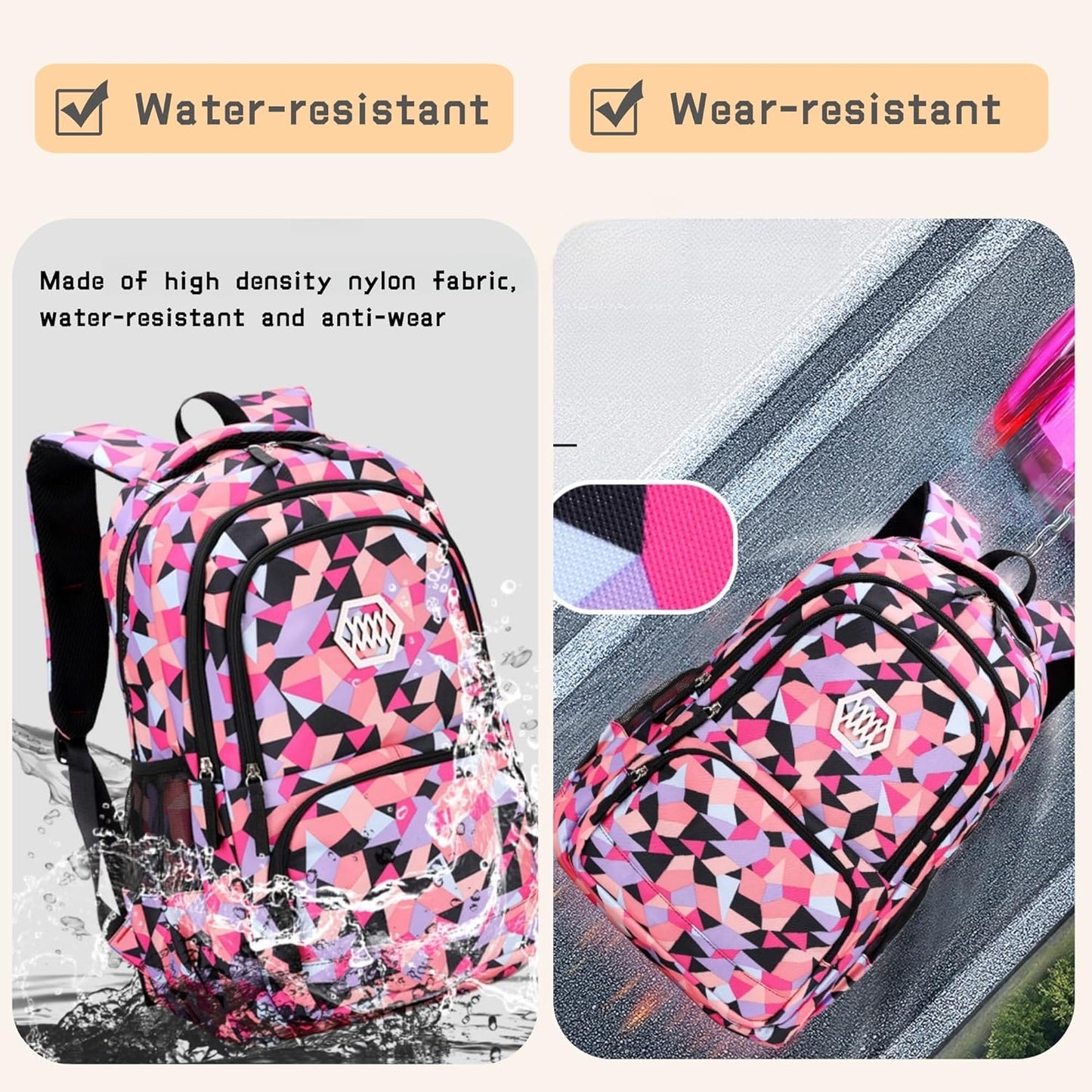 Bansusu 3Pcs Purple-a-3pcs Geometric Print Backpack and Lunch-Bag Set for Girls School Elementary Bookbags, 12.205.9016.53inch, 19 Liters
