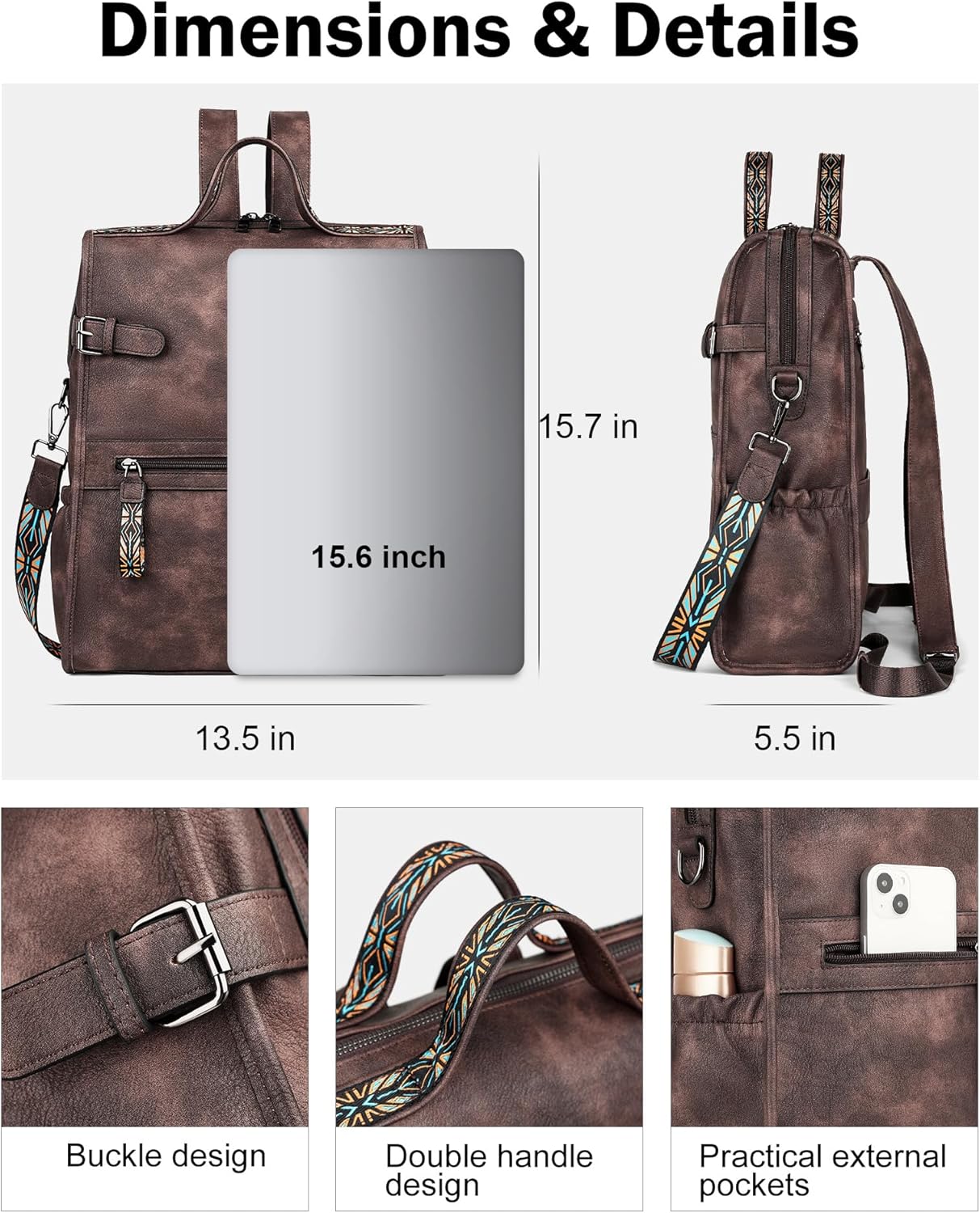 FADEON Leather Laptop Backpack for Women, Designer Ladies Work Travel Computer Backpack with Laptop Compartment Coffee Brown