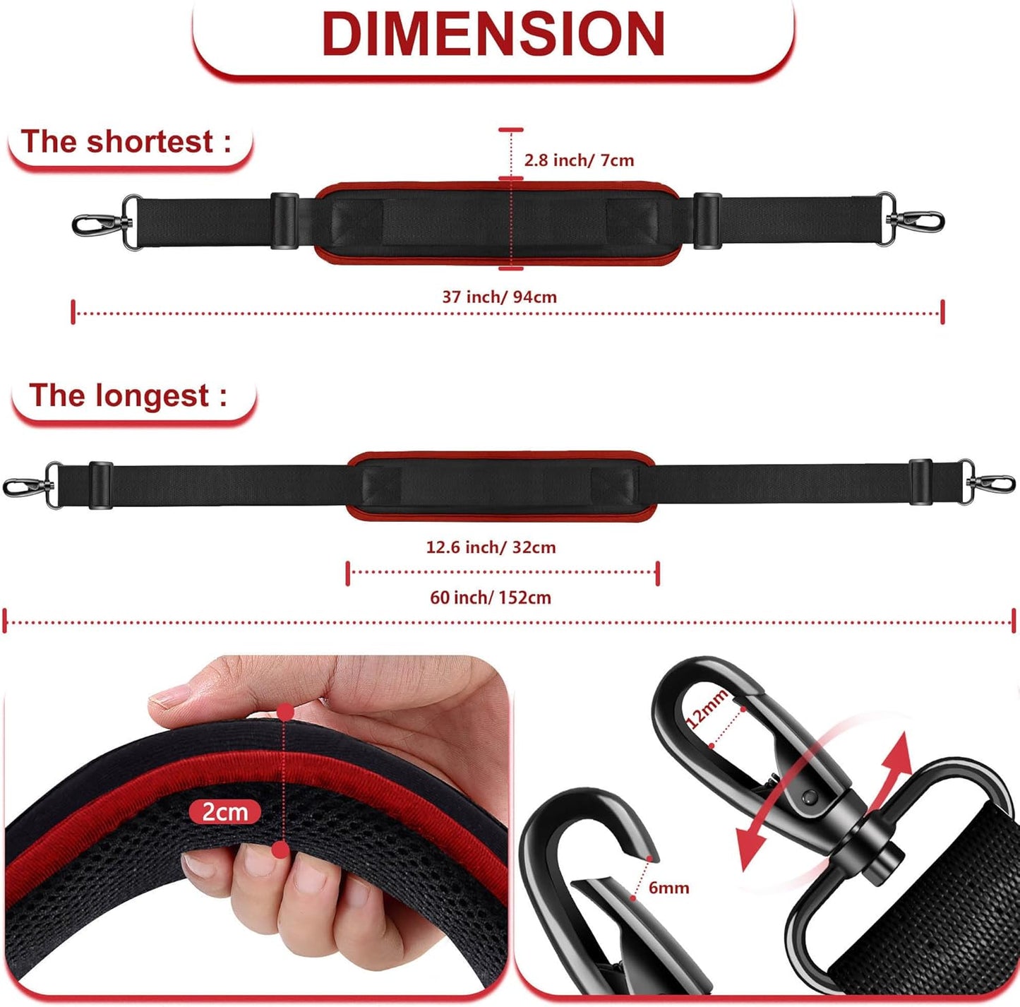 ZINZ 60" Universal Bag Strap with Ultra-thick Fixed Breathable Pad Adjustable Heavy-duty Shoulder Strap for Laptop bag Crossbody Luggage Gym Bag Camera Bag and more -B01K02