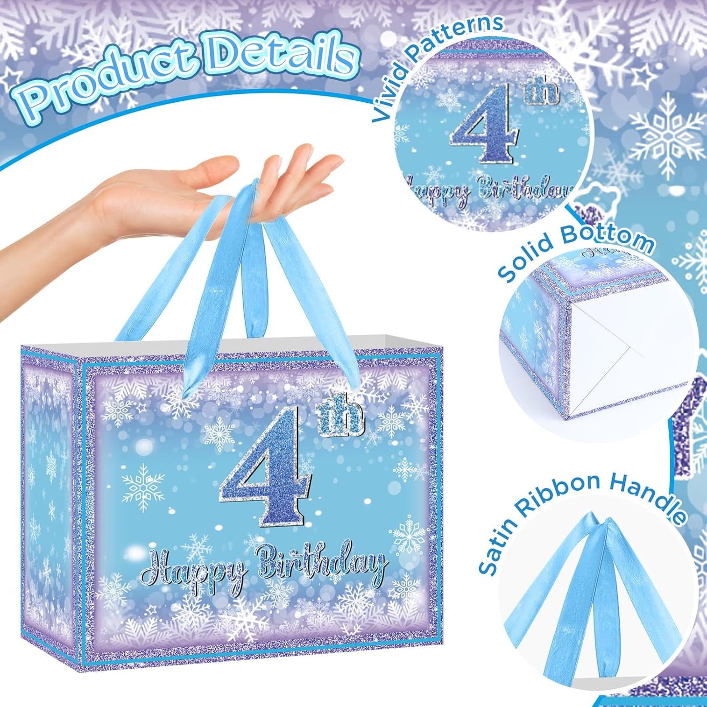 Frozen 4th Birthday Gift Bag for Girls, Large Purple Blue Snowflake Four Birthday Bags with Tissue Paper and Greeting Card Snow Frozen 4 Years Old Party Favor Bags for Girls 4th Bday Christmas Gift