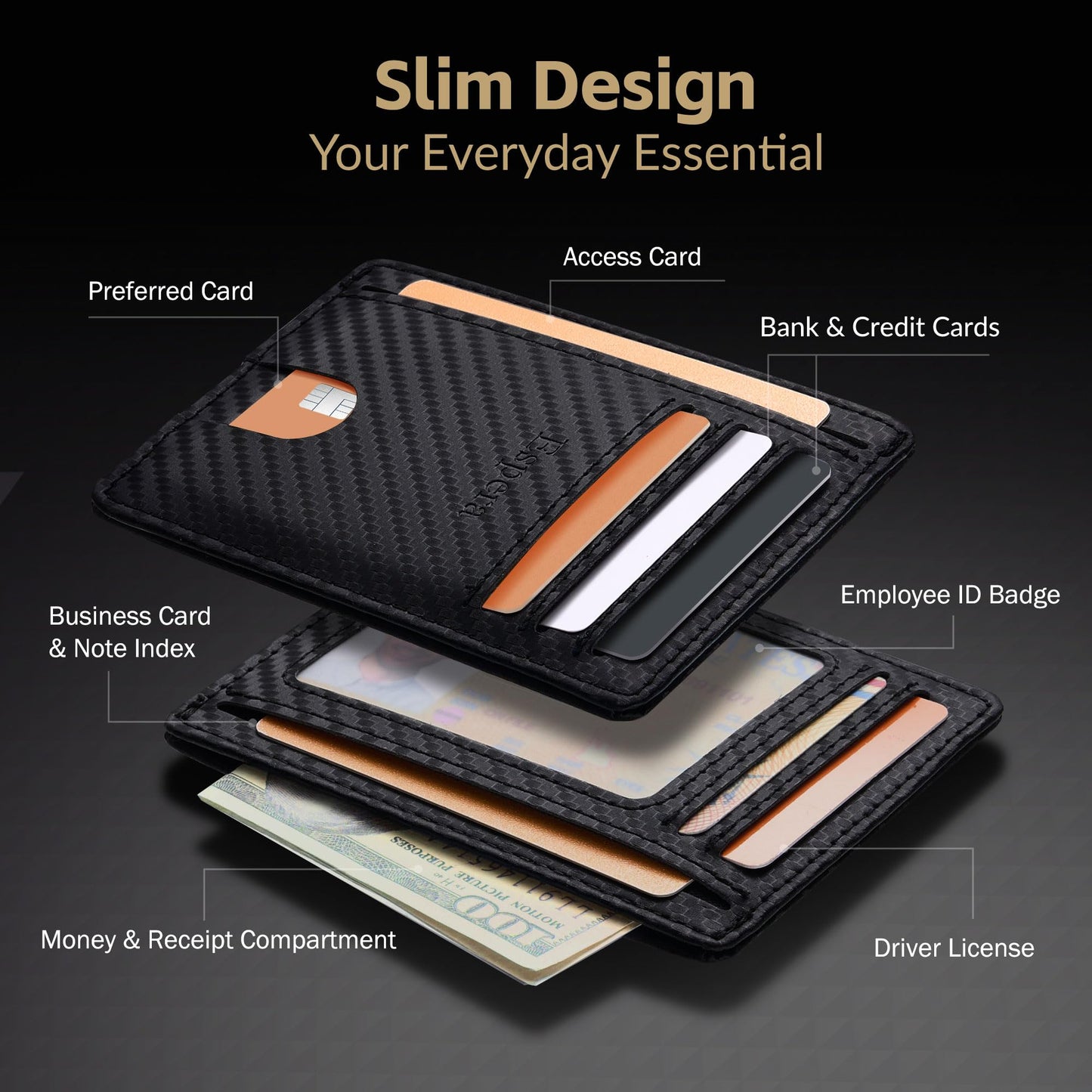 Espera Slim Minimalist Front Pocket Wallet for Men, RFID Blocking Credit Card Holder, Thin Travel