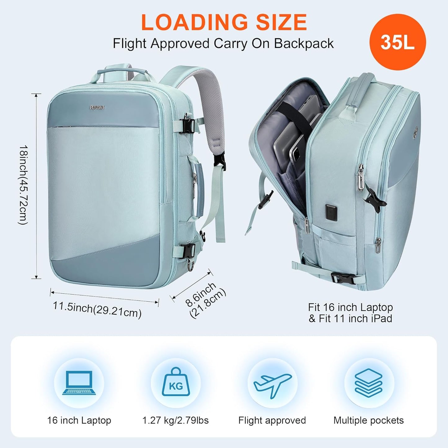 PIJUSHI Travel Backpack for Women Carry on Suitcase Backpack Flight Approved Personal Item Bag Fits 16 Inch Laptop(PE035 Blue)
