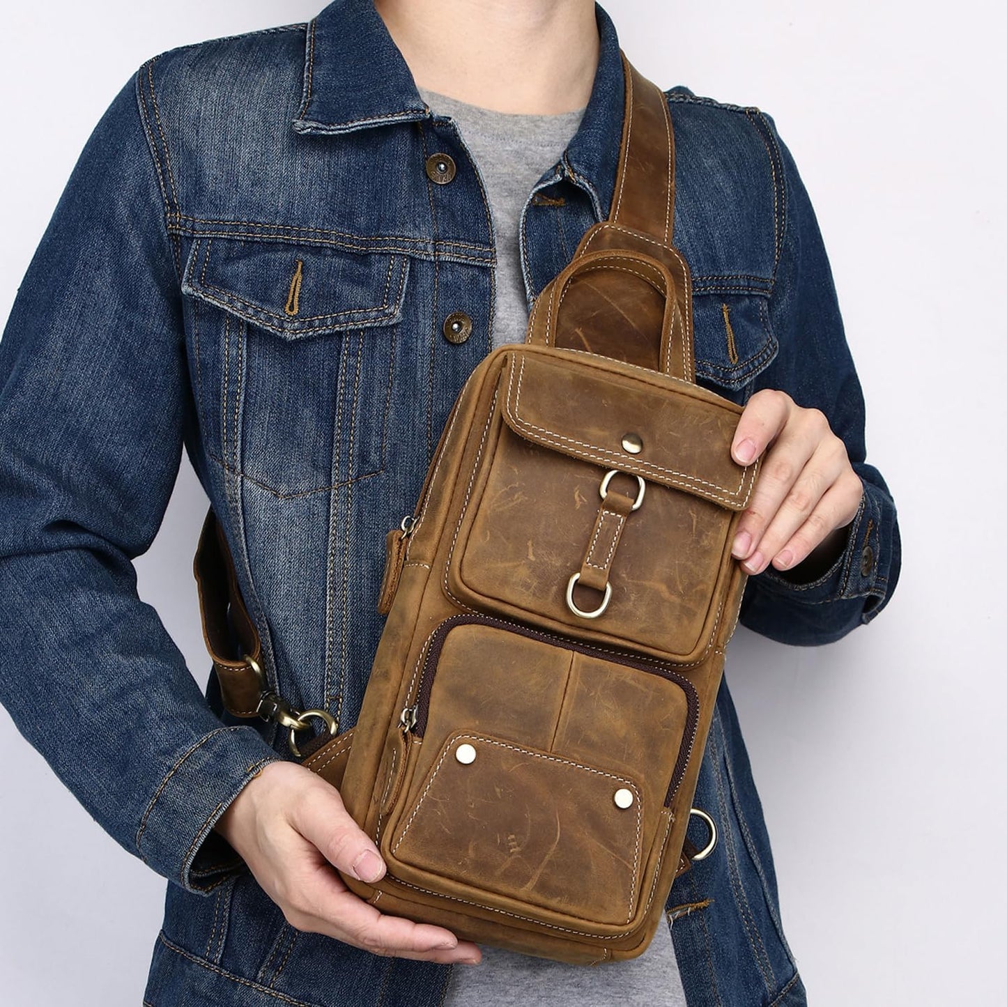 Genuine Leather Sling Bag for Men Women Backpack Chest Shoulder Satchel Crossbody Bags Casual Outdoor Daypack
