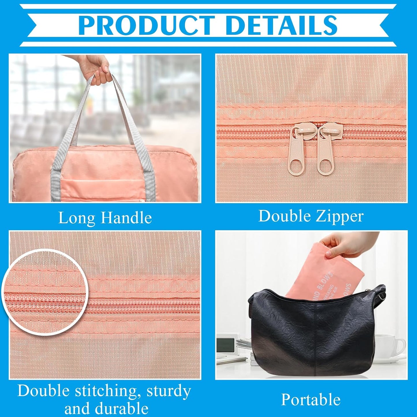 Travel Duffle Bag Tote Carry on Bag Nylon Lightweight Foldable Travel Bag Water Resistant Sports Gym Duffle Weekender Overnight Bag (Pink+Pe bag)