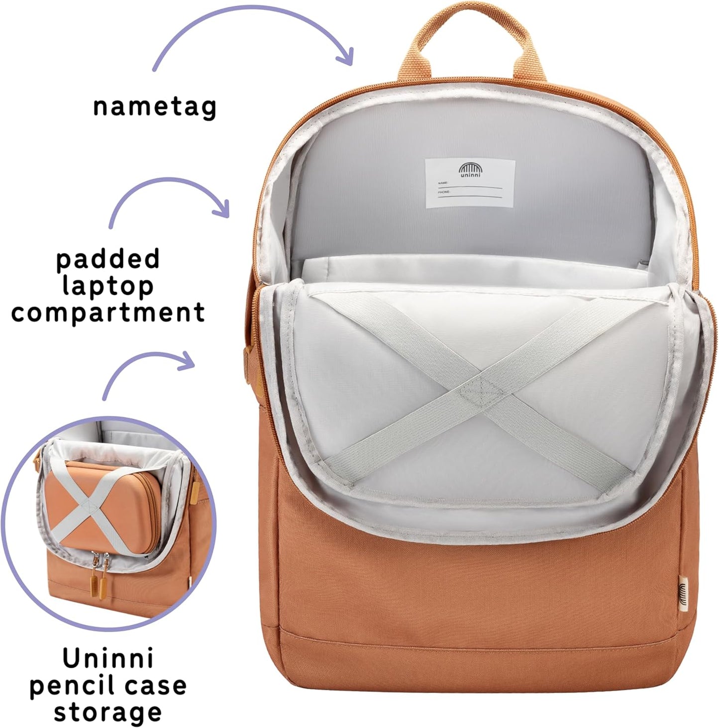 uninni 16” student backpacks, Age 8+ & Adults with Padded, and Adjustable Shoulder Straps, Laptop compartment. (Brown)
