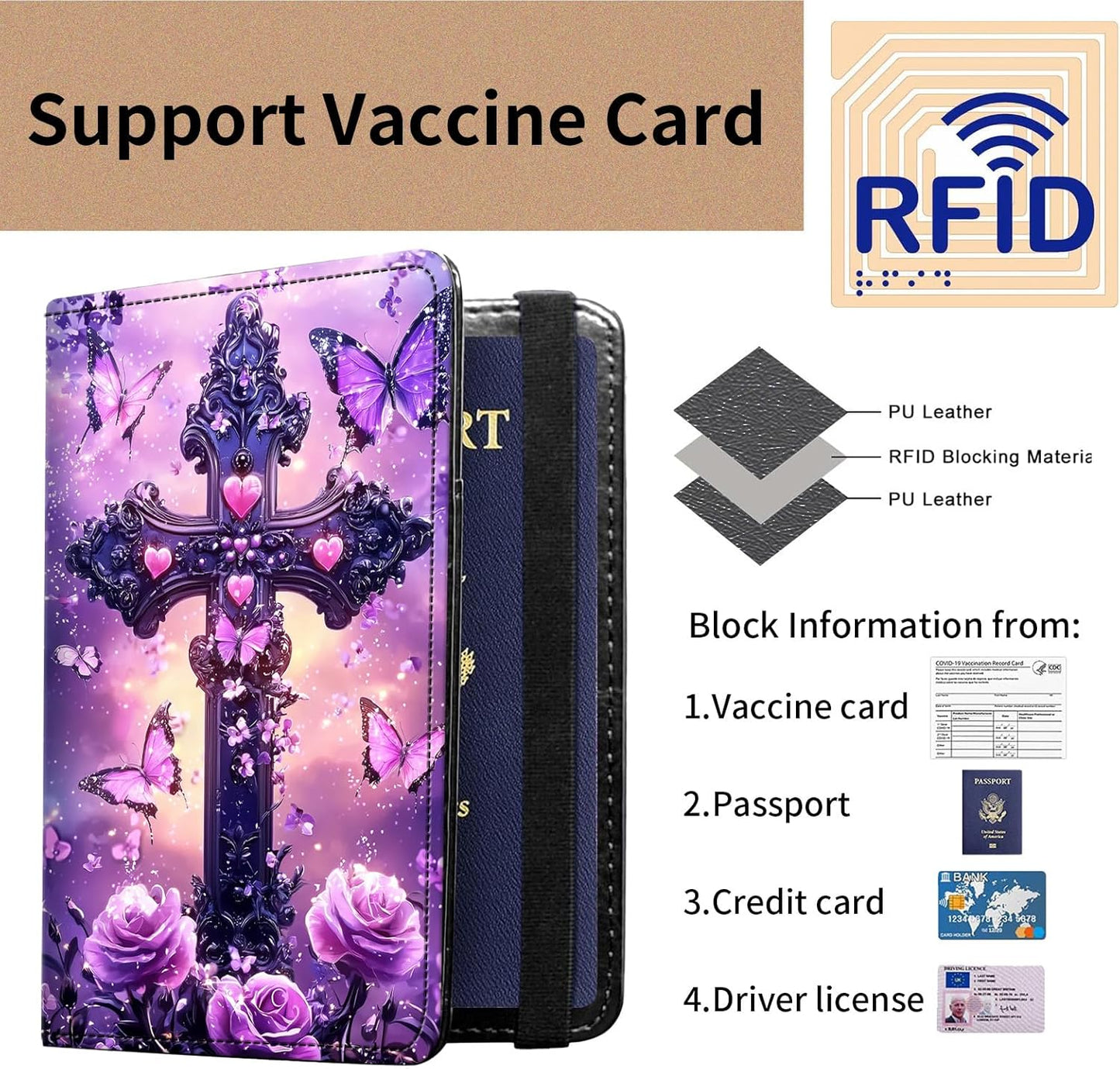 Passport and Vaccine Card Holder Cover Combo,Travel Passport Holder Wallet with RFID Blocking, Leather Vaccine Card Slot Passport Cover Case for Women & Men,Purple Cross Butterfly Flower