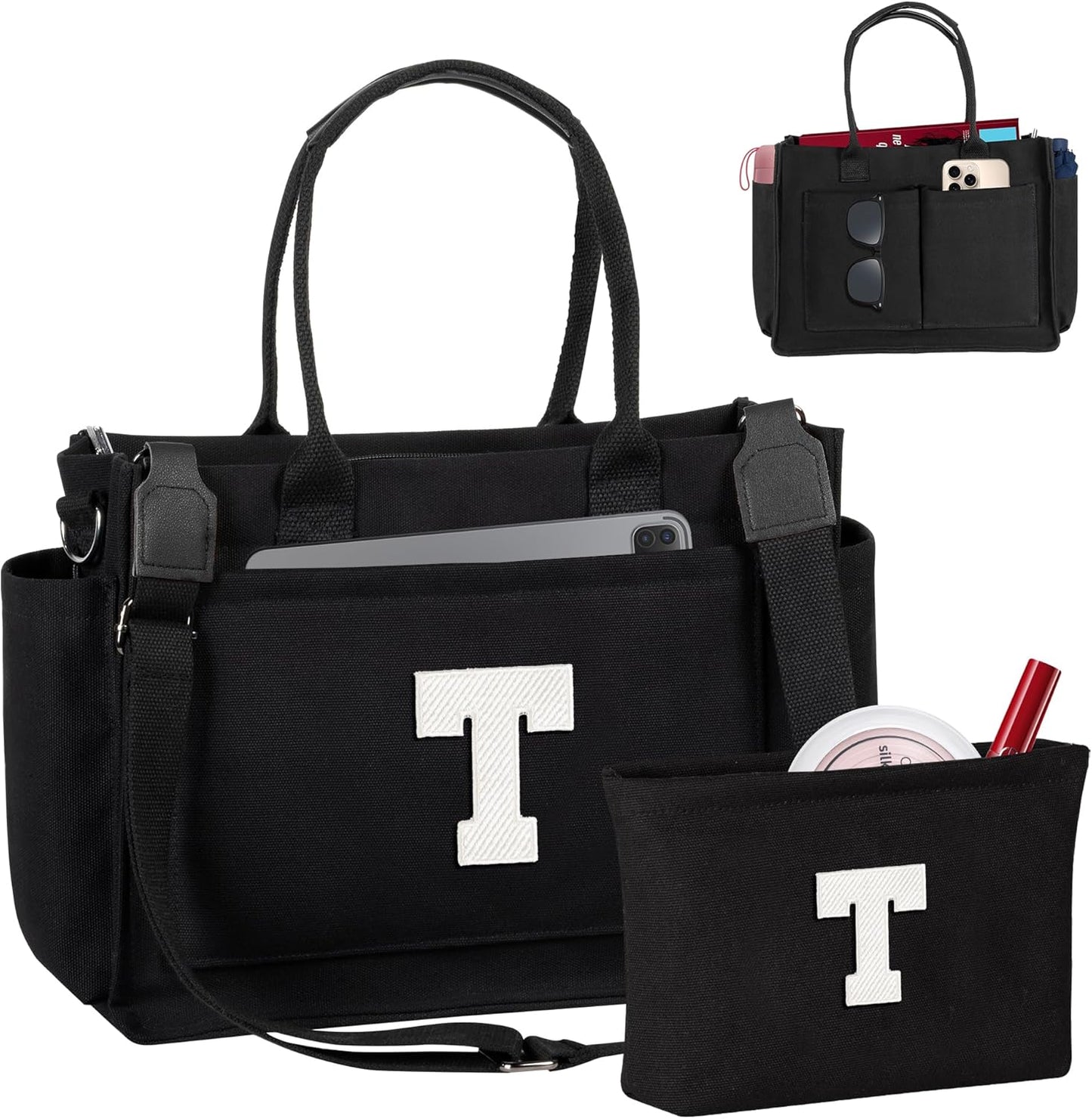 Gifts for Women Teen Girls, Initial Tote Bag with Zipper, Letter Canvas Tote Purse for College Work Laptop Beach