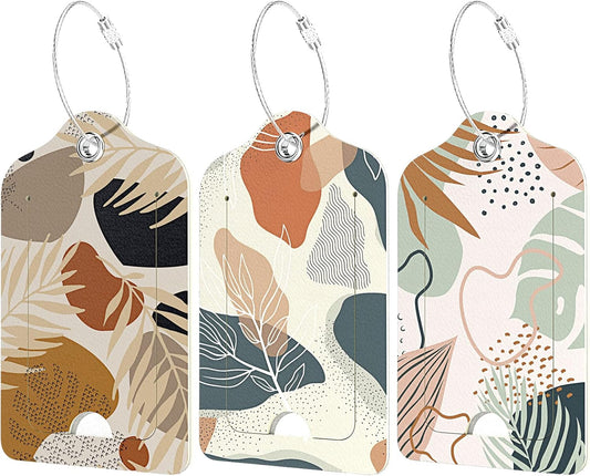 Rimilak 3 Pcs PU Leather Luggage Tags for Suitcase, Travel Cruise Luggage Tag with Privacy Flap, Name ID Label and Metal Loop for Women Men Baggage Handbag School Bag Backpack, Boho Plant